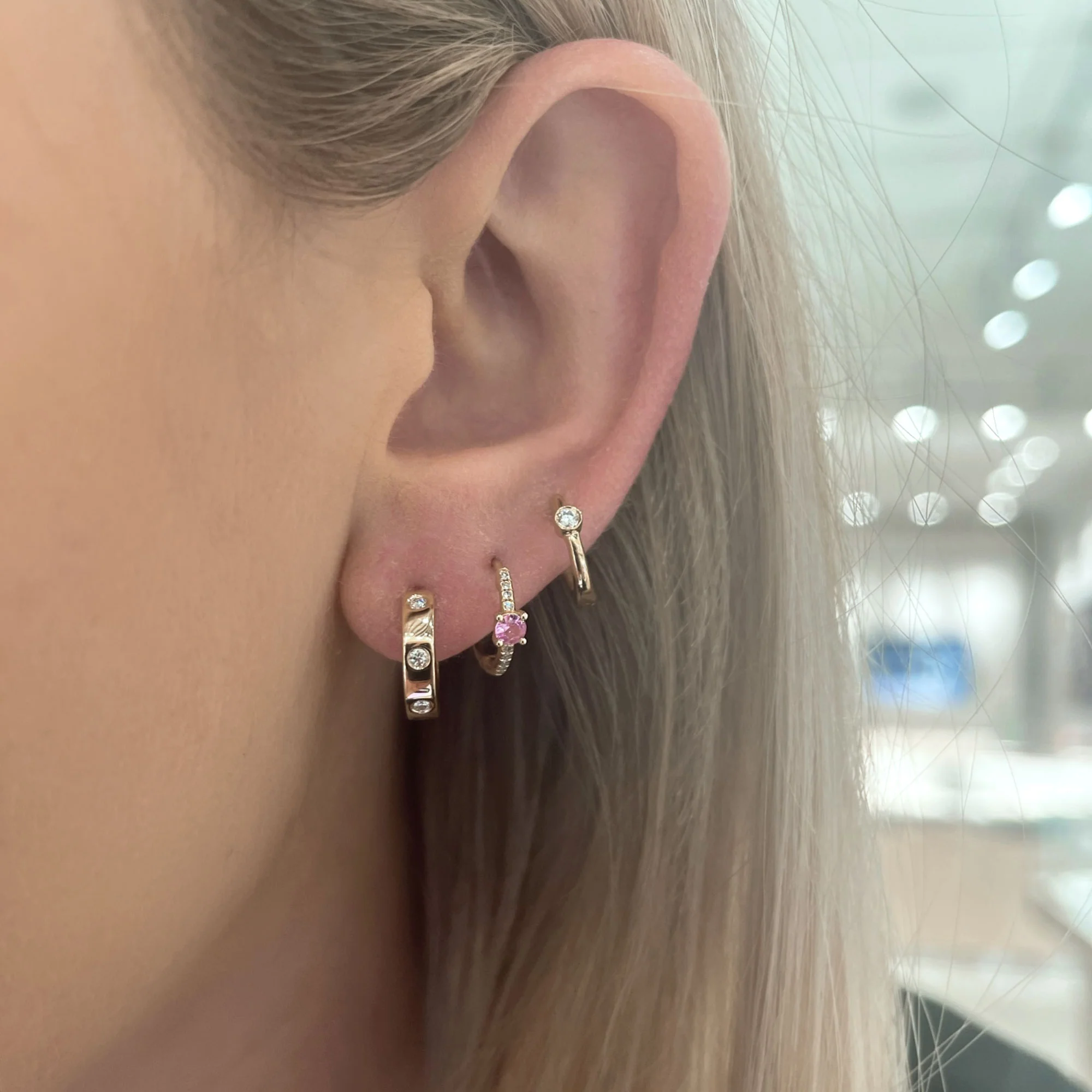 14K Yellow Gold Diamond Huggie Hoop Earrings - Image 2