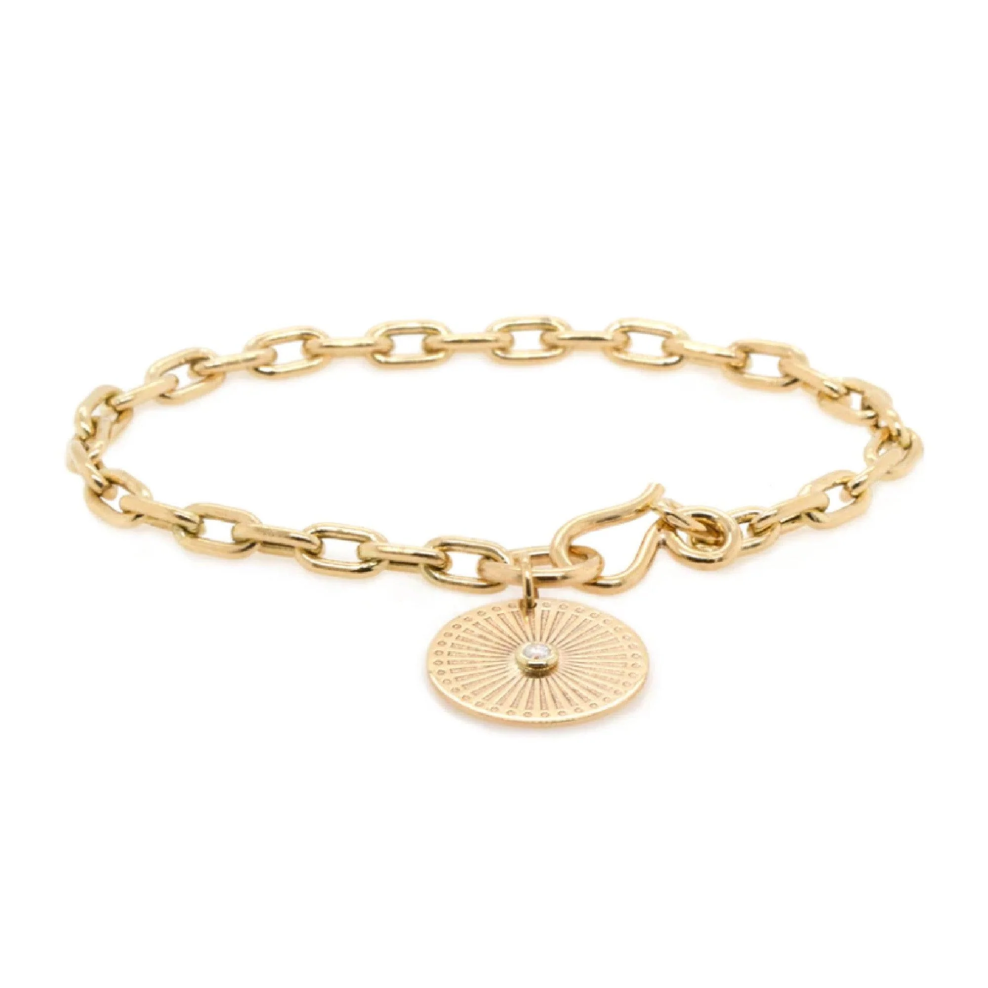 6.5" Small Sunbeam Charm Large Square Oval Link Bracelet in 14K Yellow Gold