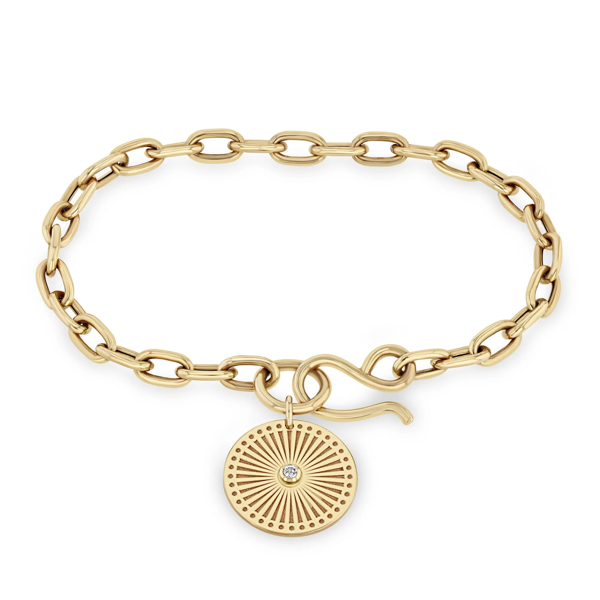 6.5" Small Sunbeam Charm Large Square Oval Link Bracelet in 14K Yellow Gold - Image 2