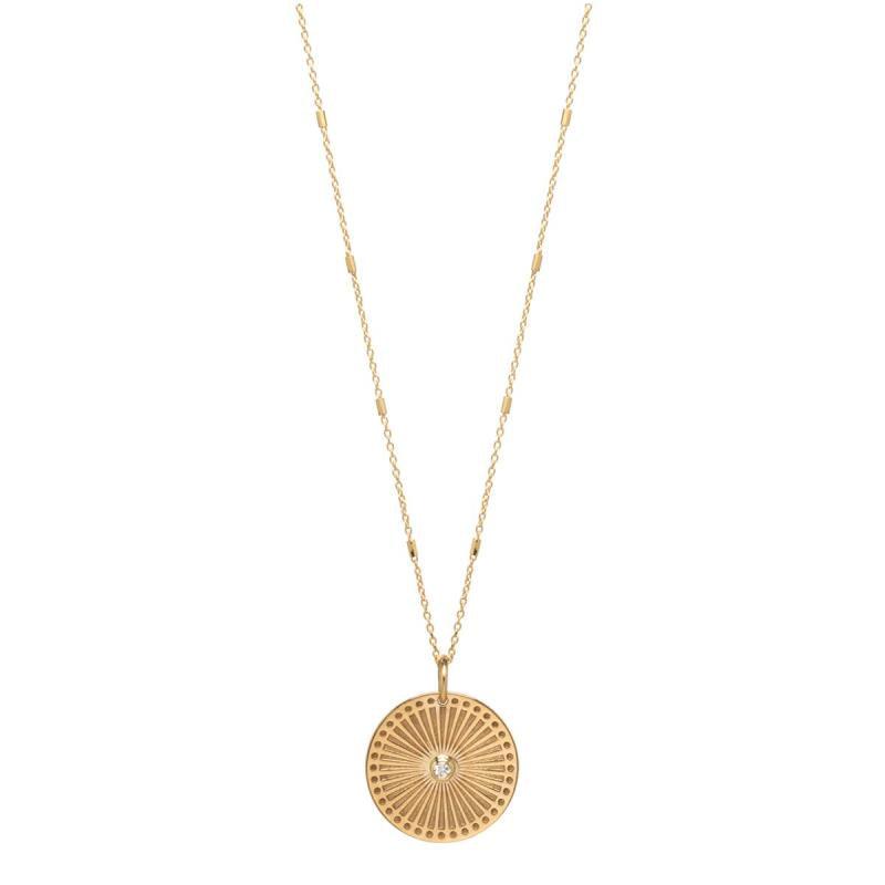 14 KARAT YELLOW GOLD SMALL SUNBEAM MEDALLION CENTER DIAMOND NECKLACE - Image 2