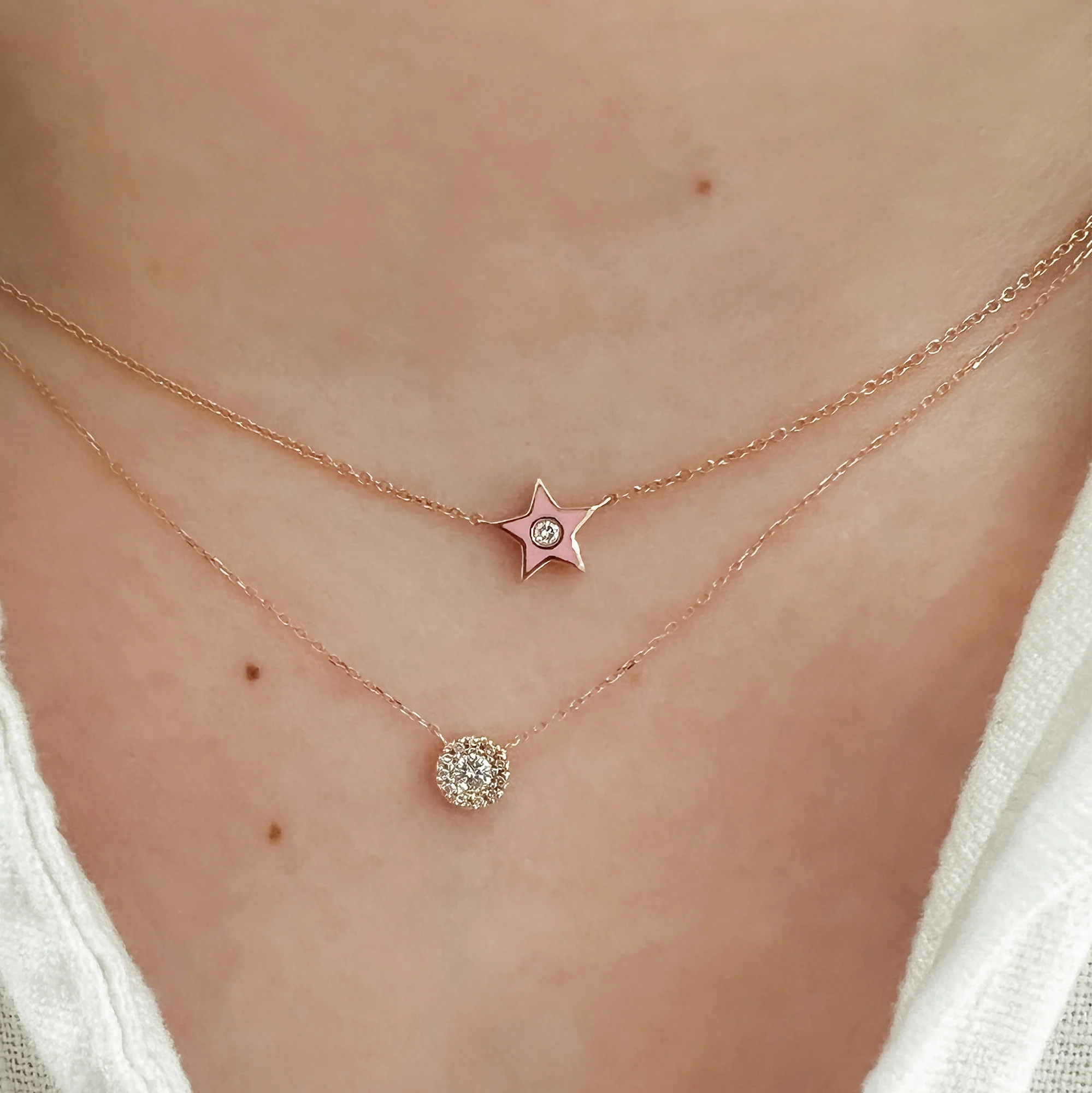 14K Rose Gold Diamond and Pink Enamel Star Necklace - Image 2