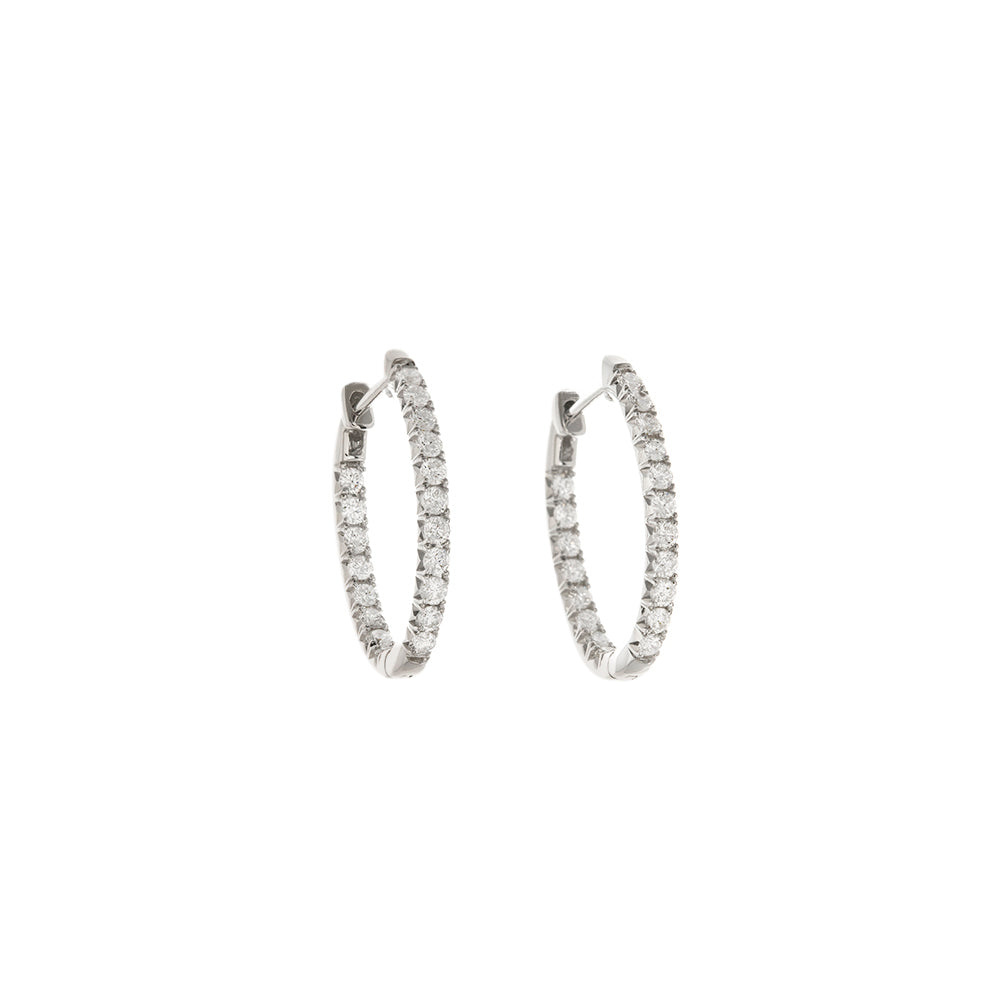 14K White Gold Diamond Oval Hoop Earrings