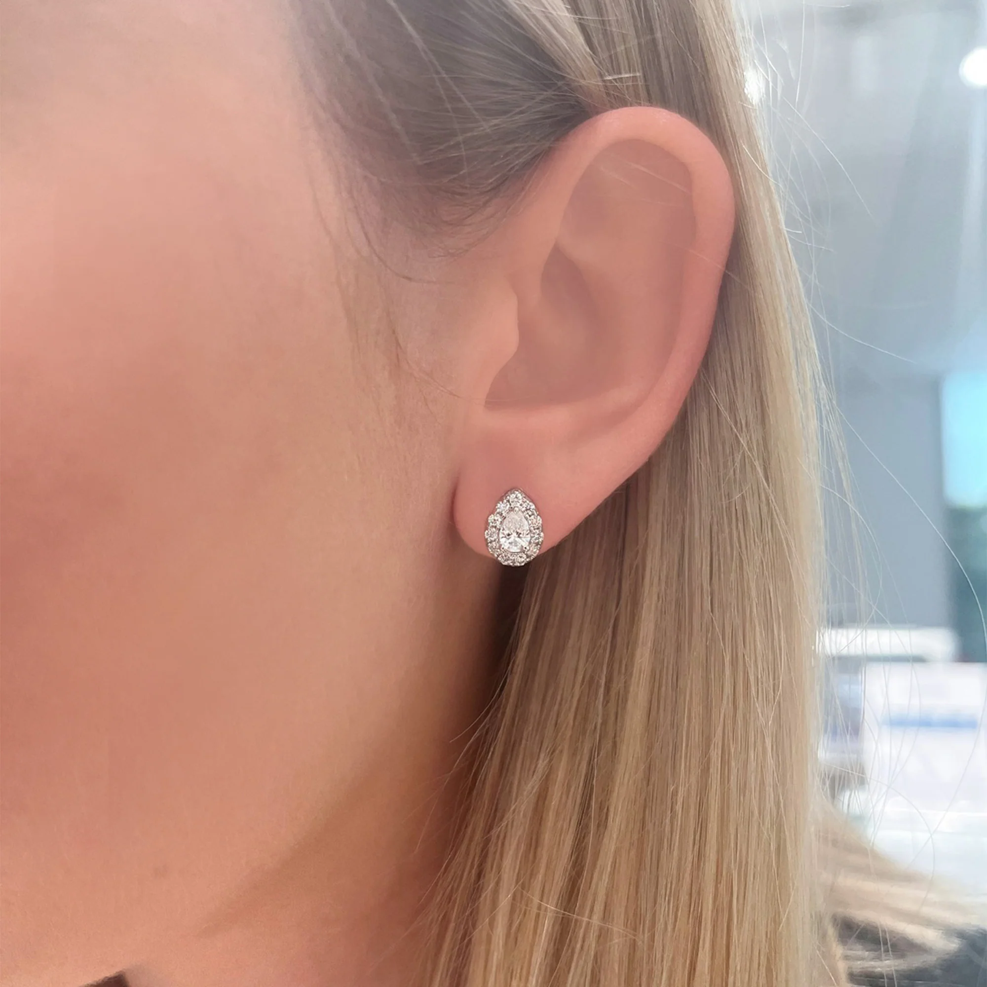 1 cttw. Lab Grown Halo with Center Pear Cut Diamond Stud Earrings in 14K White Gold - Image 2