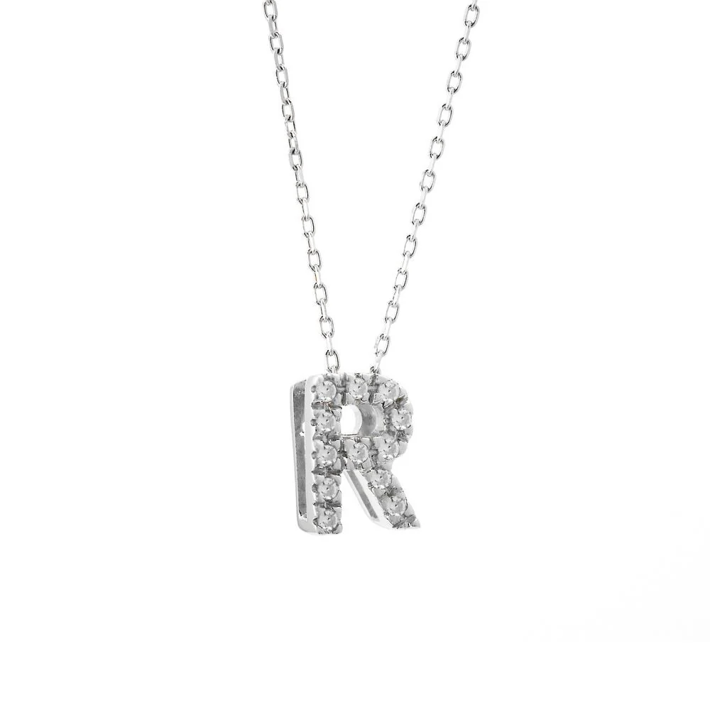 Pavé Diamond Initial "R" Necklace in 14K White Gold, 0.05cttw