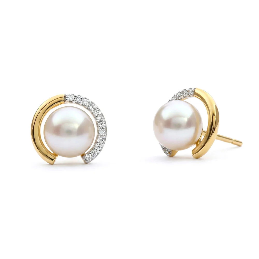 Cultured Pearl and Diamond Button Earrings in 14K Yellow Gold