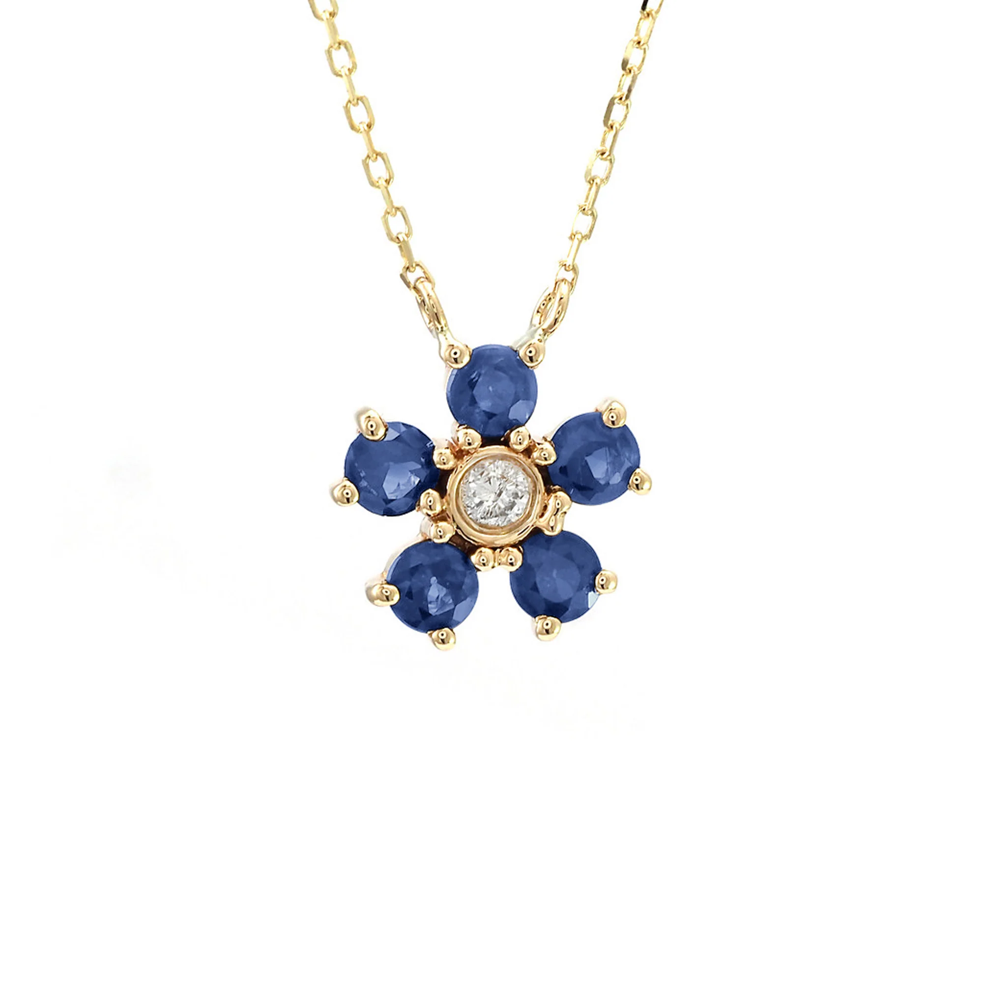 Blue Sapphire and Diamond Flower Necklace in 14K Yellow Gold, 0.39cttw