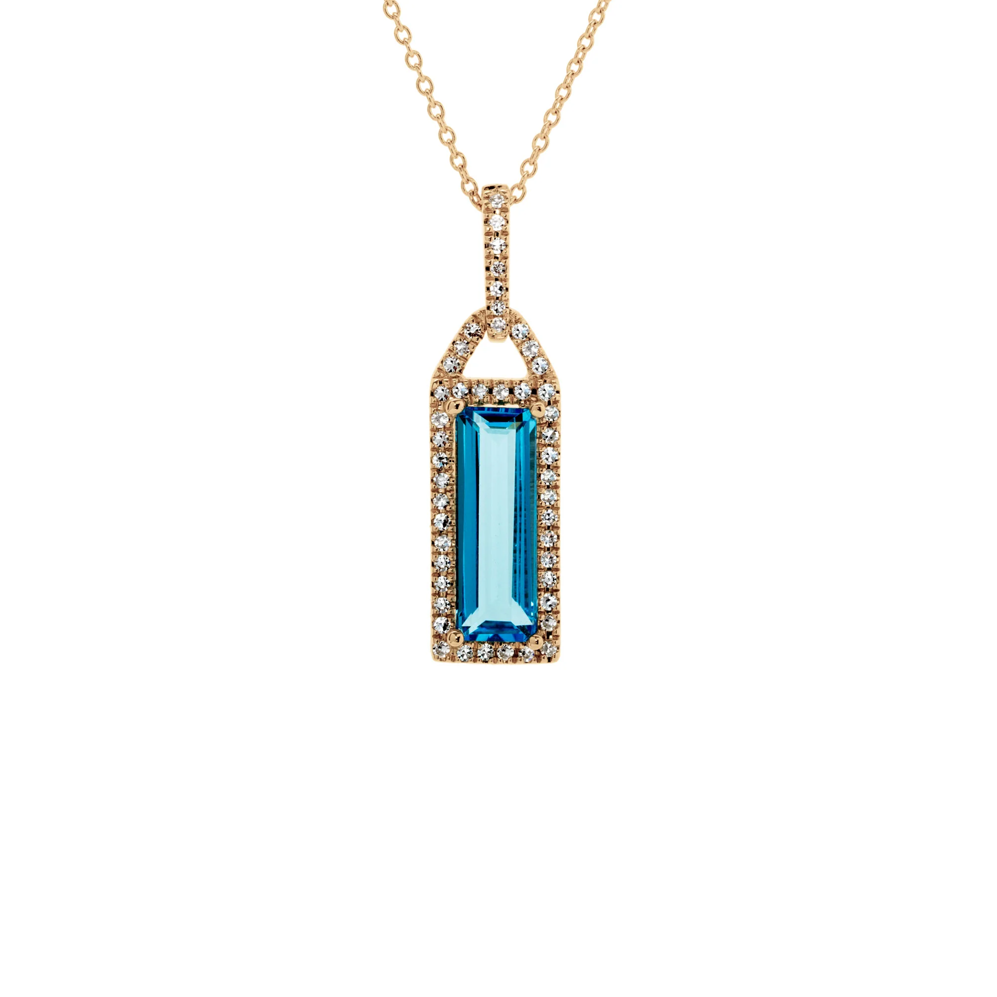 14K Yellow Gold Baguette Blue Topaz and Diamond Pendant Necklace