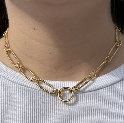 18K Yellow Gold Fluted Paperclip and Oval Link Necklace - Image 2