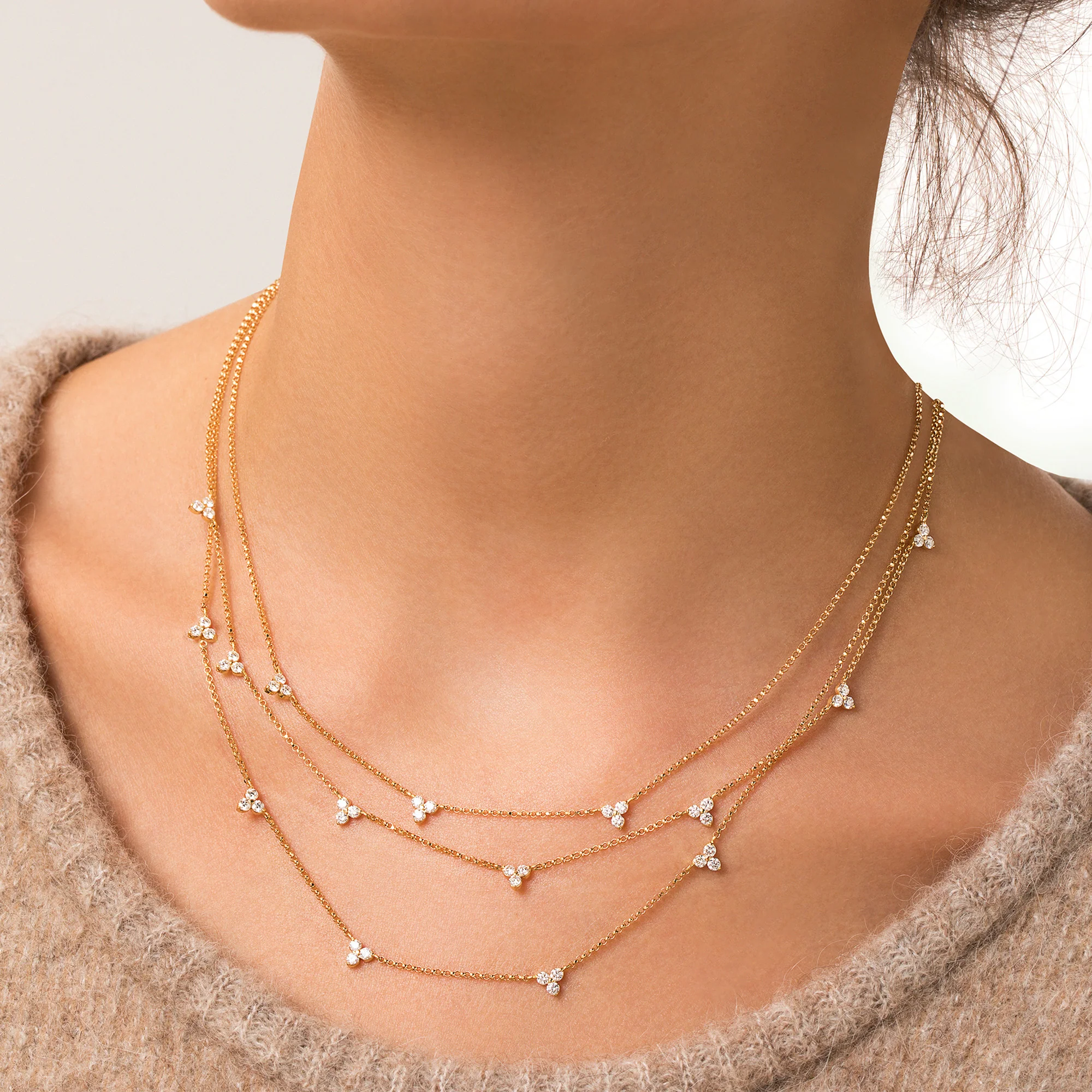 18" Diamonds by the Inch 3 Station Flower Necklace in 18K Yellow Gold - Image 2
