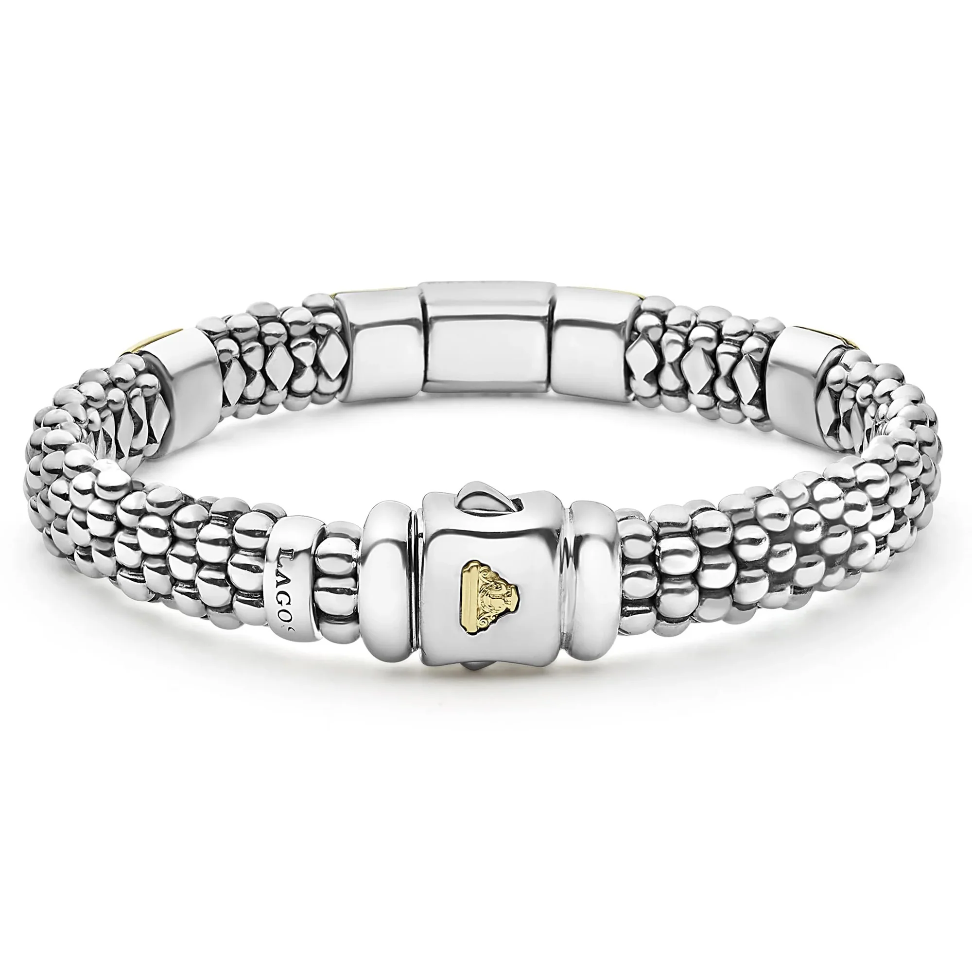 Sterling Silver and 18K Yellow Gold Station Caviar Bracelet - Image 4