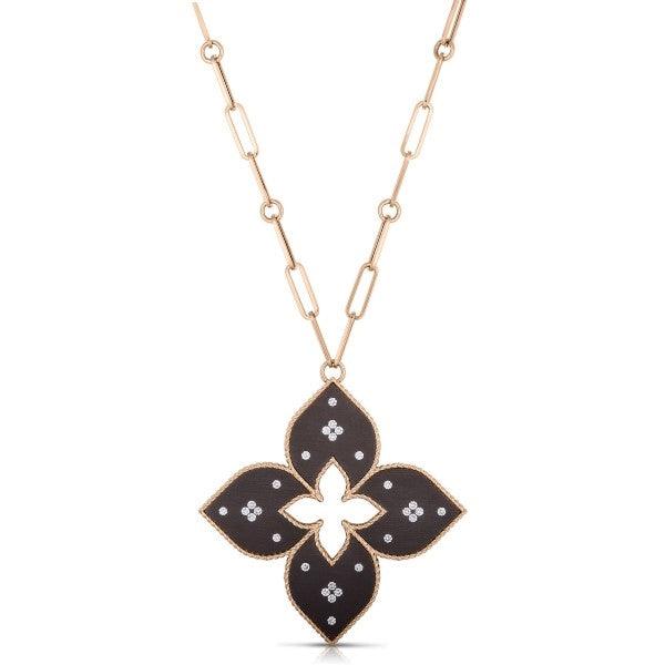 Venetiian Princess Black Titanium Four Point Flower Pendant and Chain Necklace in 18K Rose Gold