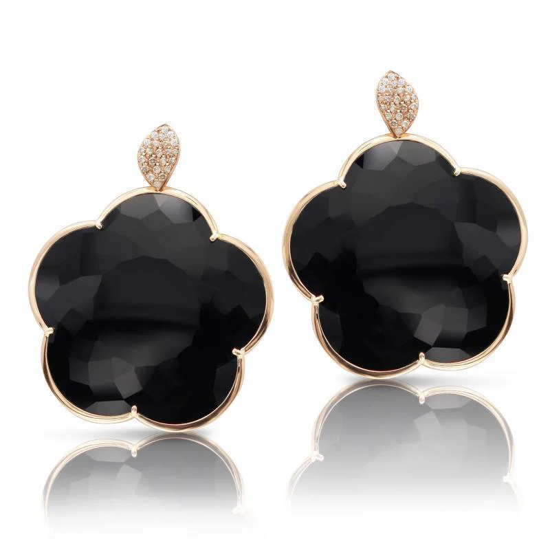 18K ROSE GOLD DIAMOND AND ONYX FLOWER EARRINGS - Image 2