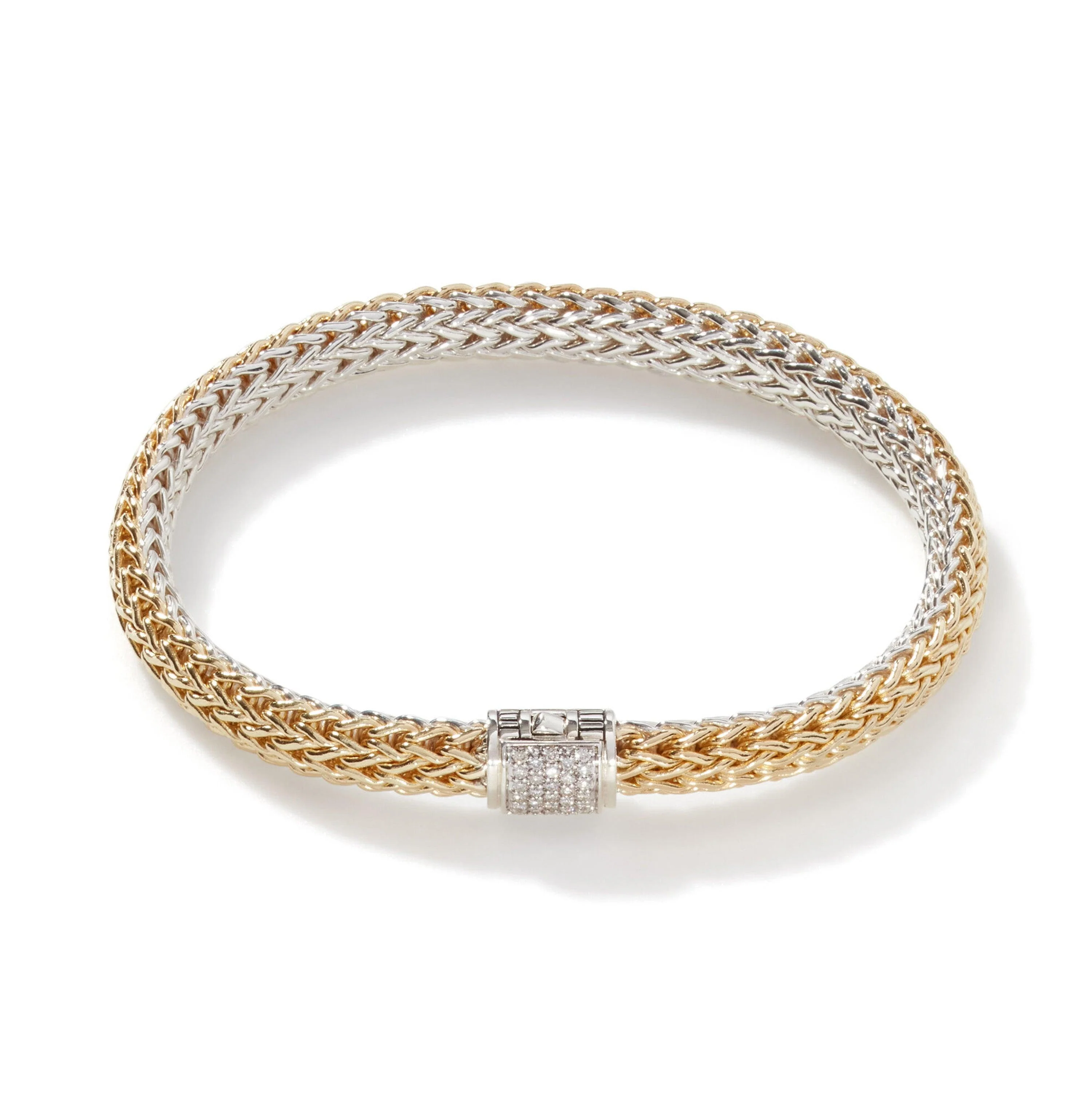 18K Yellow Gold and Sterling Silver Woven Diamond Clasp Bracelet