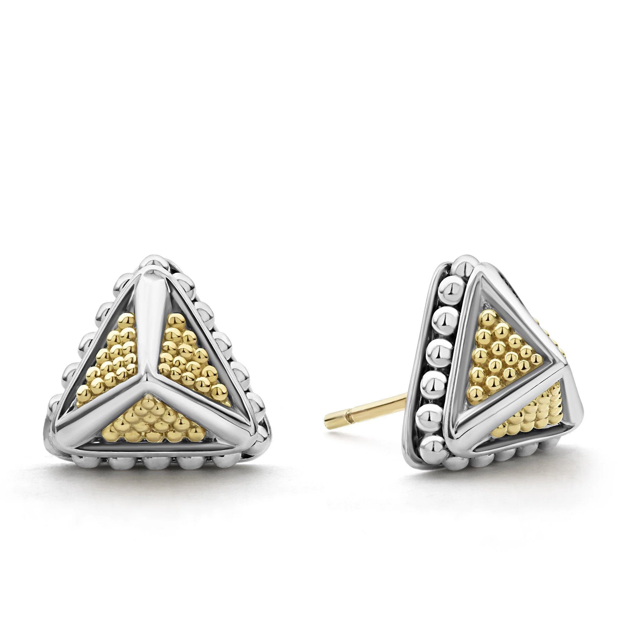 Sterling Silver and 18K Yellow Gold Caviar Beaded Pyramid Earrings - Image 2