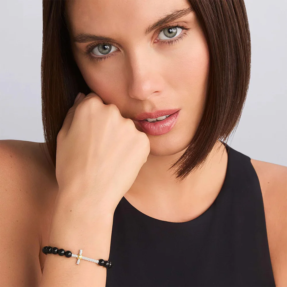 Silver and 18K Yellow Gold Onyx Beaded Cross Bracelet - Image 3