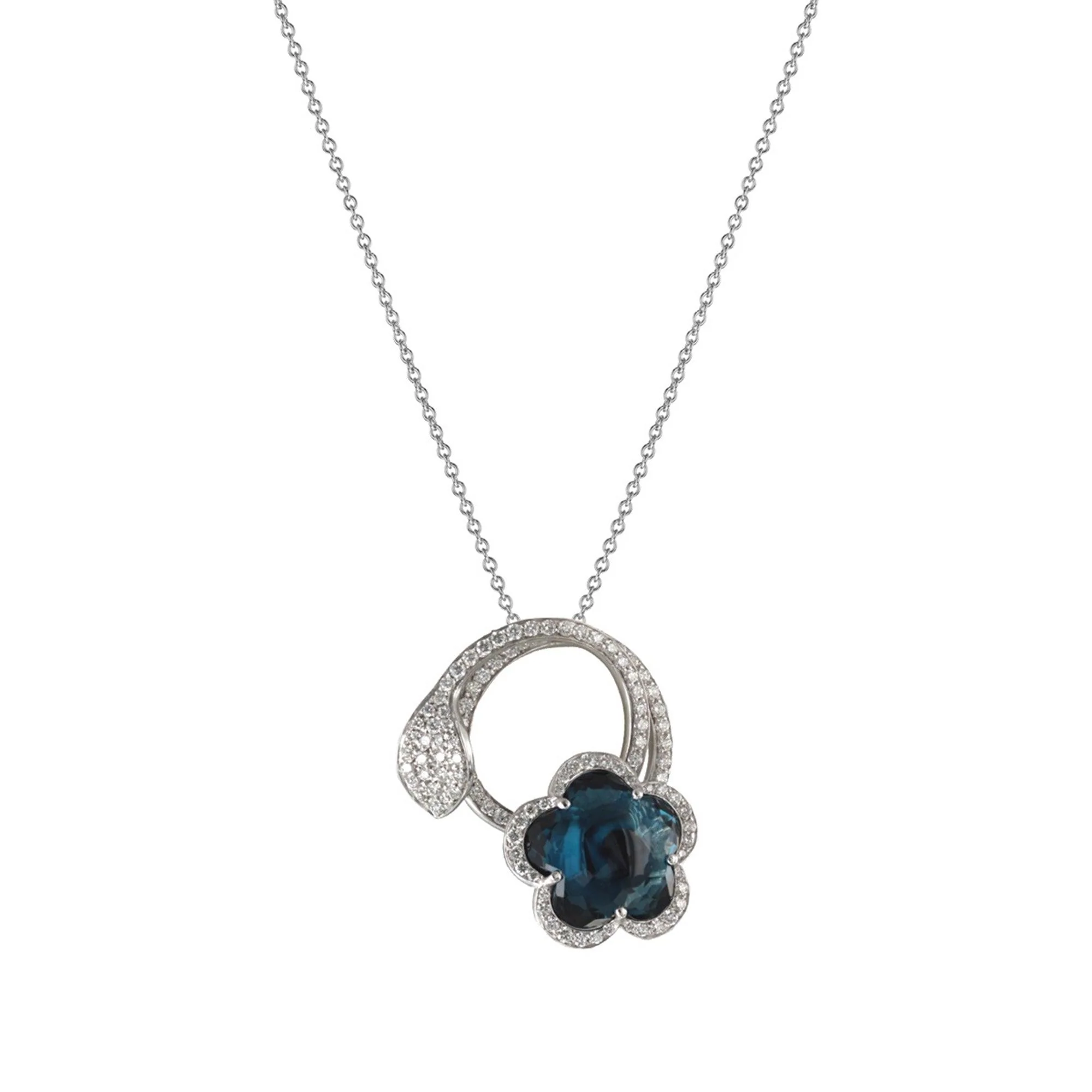 18K WHITE GOLD DIAMOND BLUE TOPAZ FLOWER NECKLACE