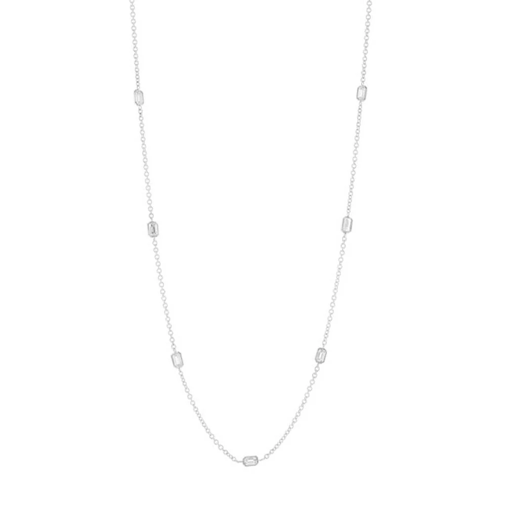 18K White Gold Emerald Cut Solitaire Diamond Station Necklace