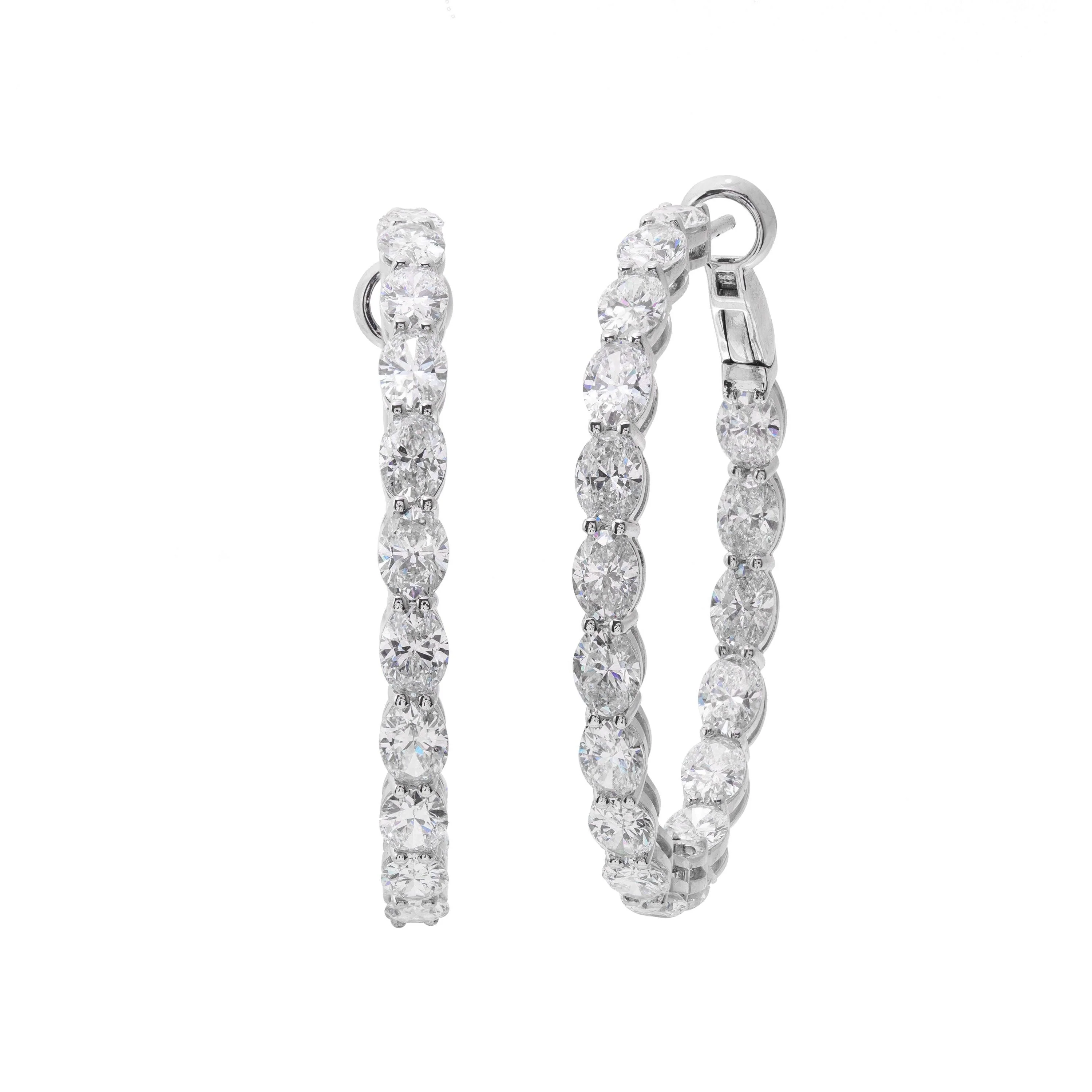 18K White Gold Oval Diamond Hoop Earrings
