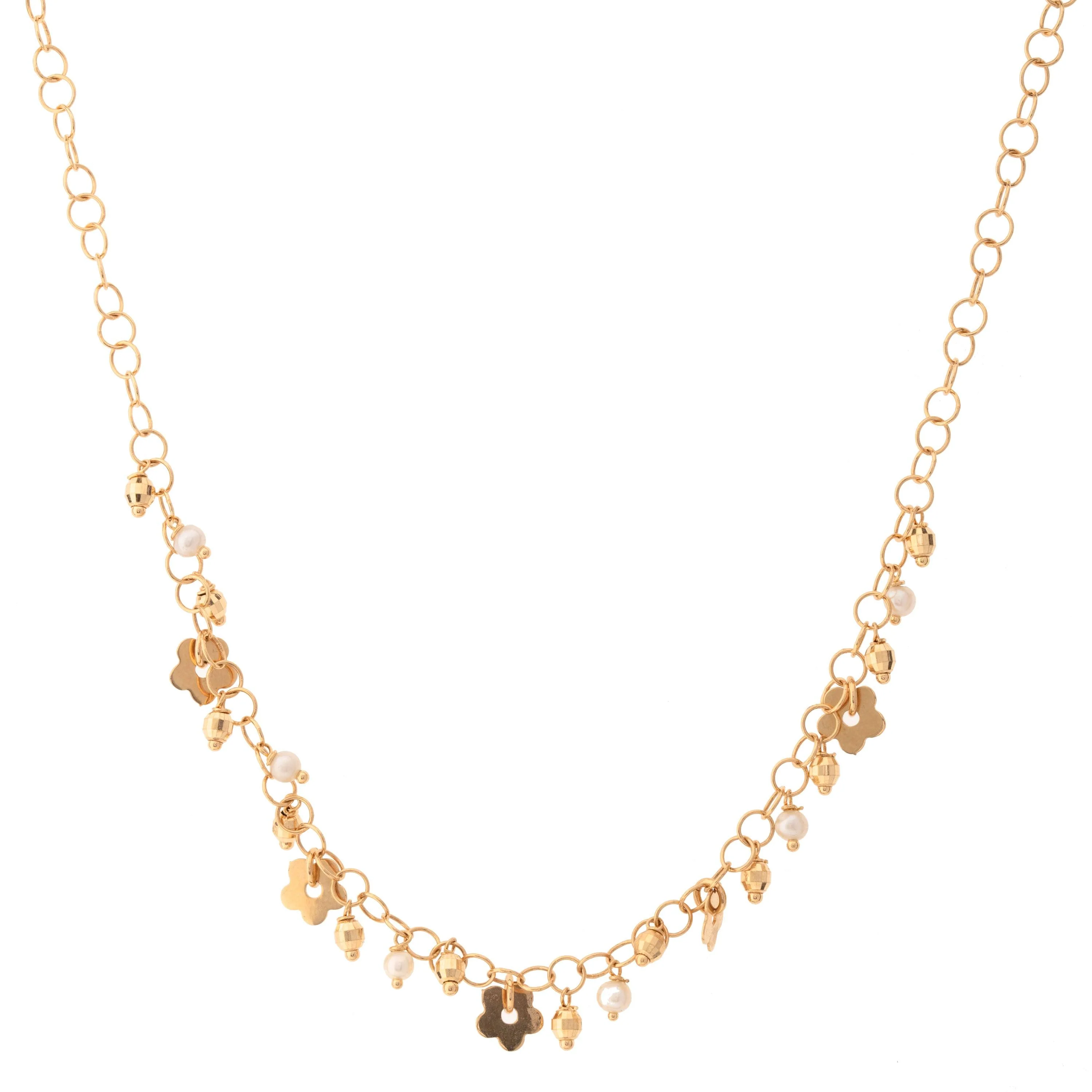 18K Yellow Gold Cultured Pearl and Flower Necklace