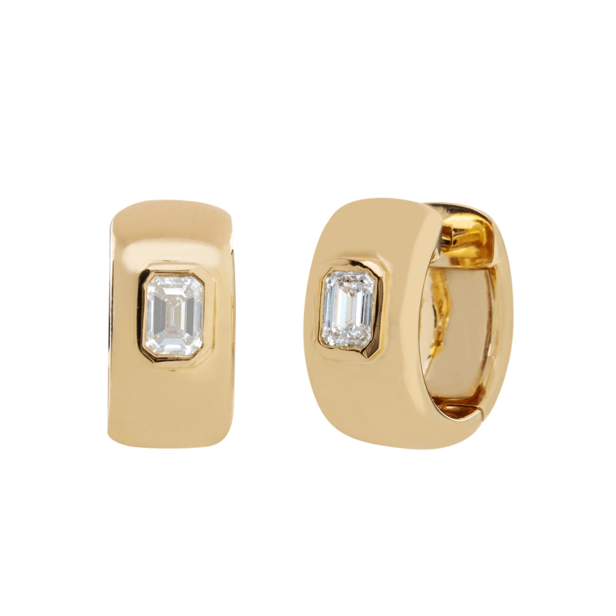 14K Yellow Gold Diamond Wide Huggie Hoop Earrings