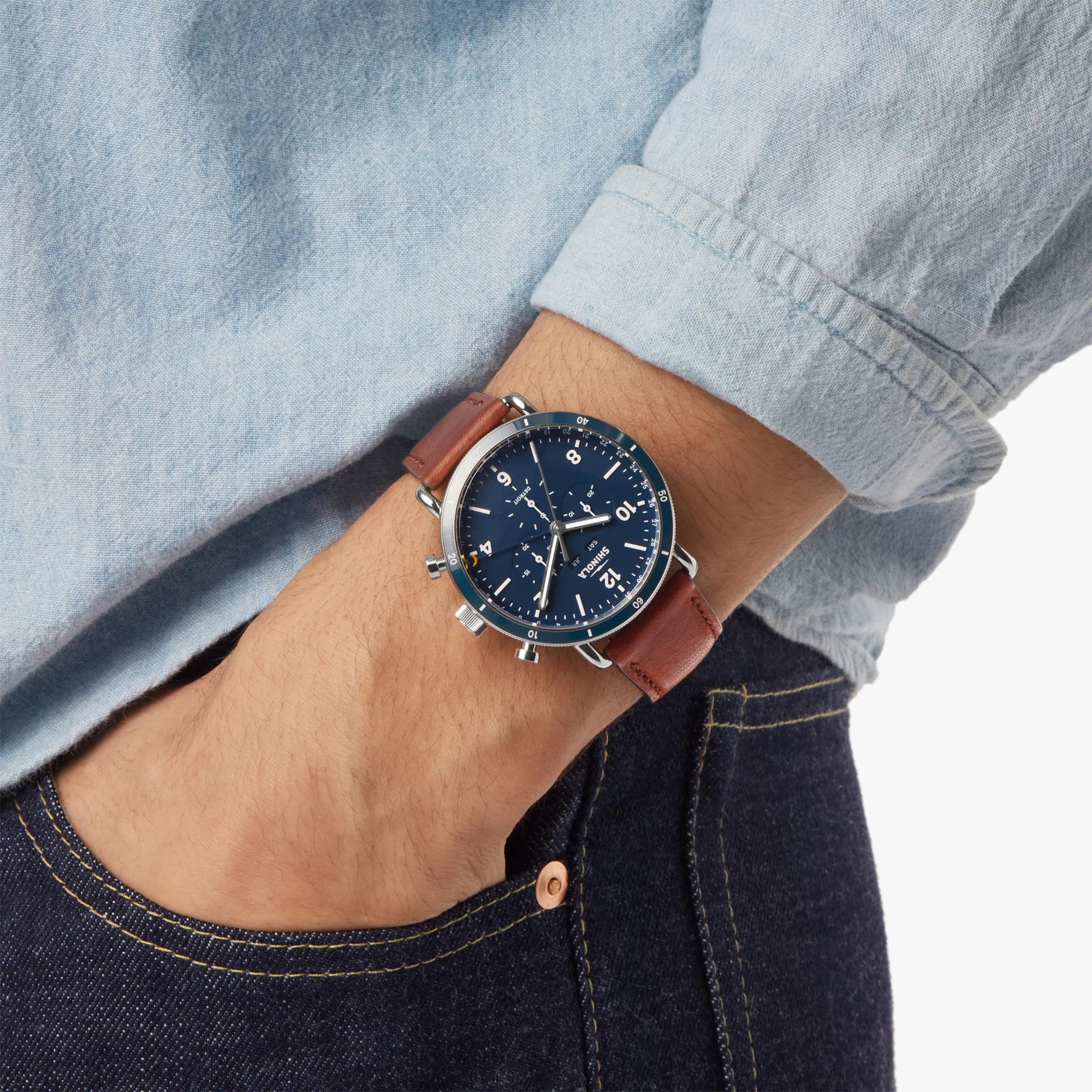 45MM Canfield Sport Chrono with Cognac Leather Strap and Midnight Blue Dial - Image 7