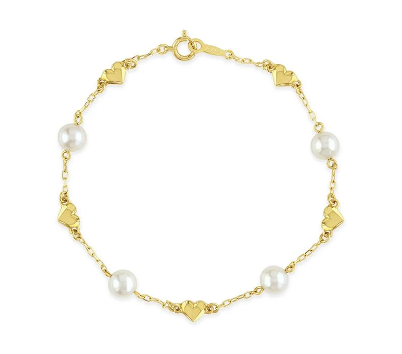 7" Estate Mikimoto Pearl and Heart Bracelet in 18K Yellow Gold