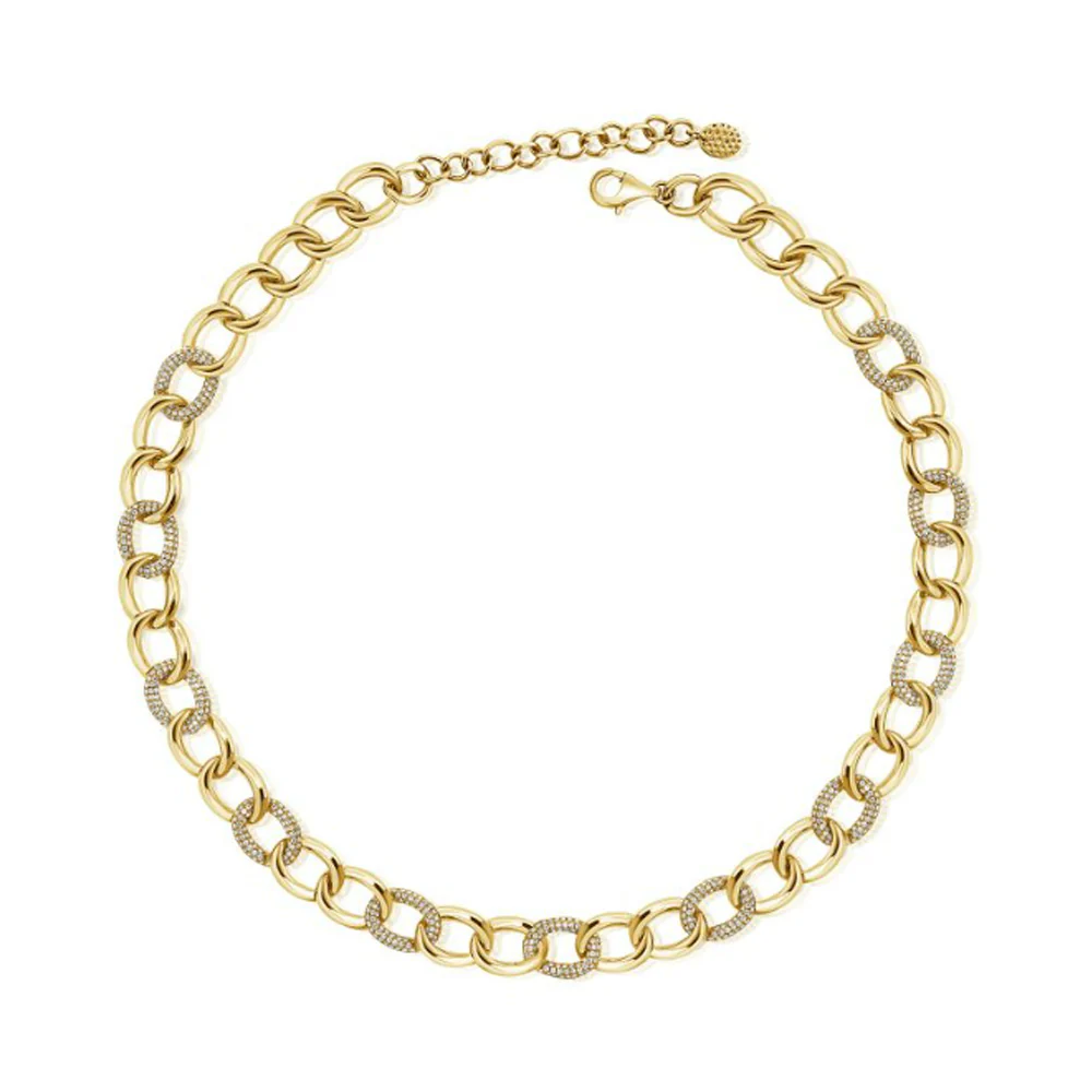 Alternating Pavé Diamond and Gold Oval Link Necklace in 14K Yellow Gold, 4.02cttw