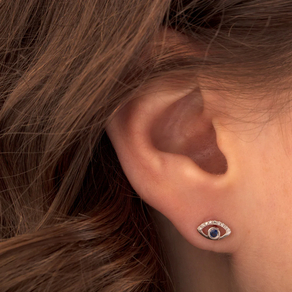 Blue Sapphire and Diamond  Evil Eye Earrings in 14K White Gold, 0.18cttw - Image 2