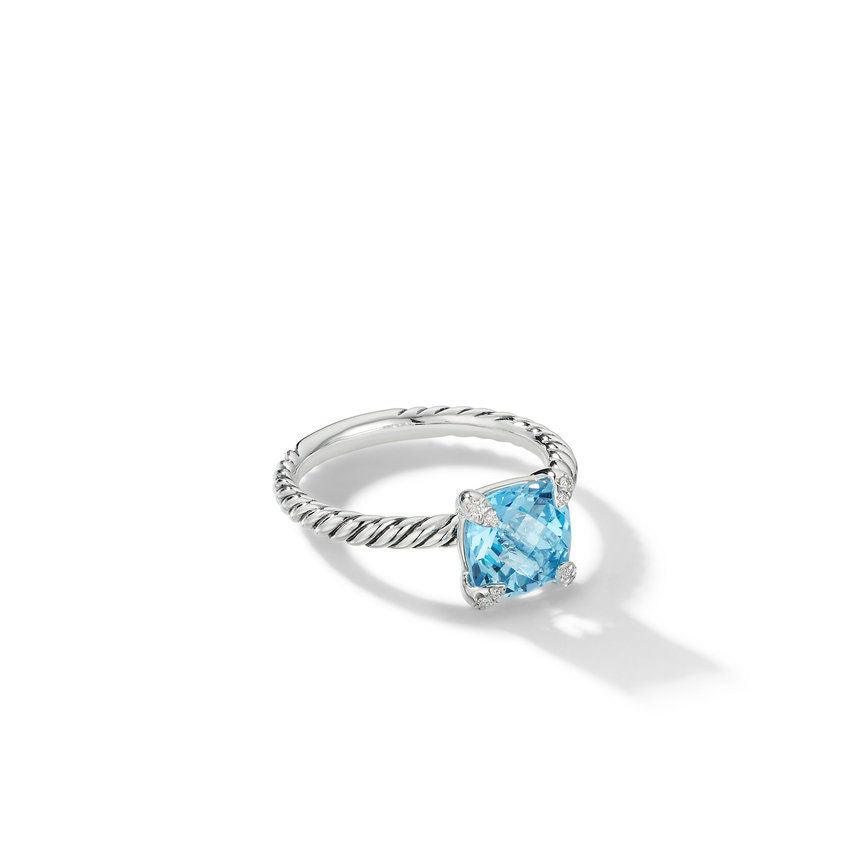 Chatelaine Ring In Sterling Silver With Blue Topaz And Pavé Diamonds