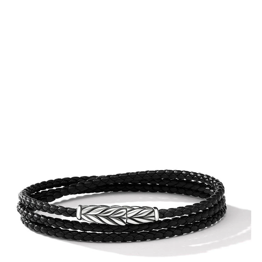 Chevron Triple Wrap Black Leather Bracelet With Sterling Silver