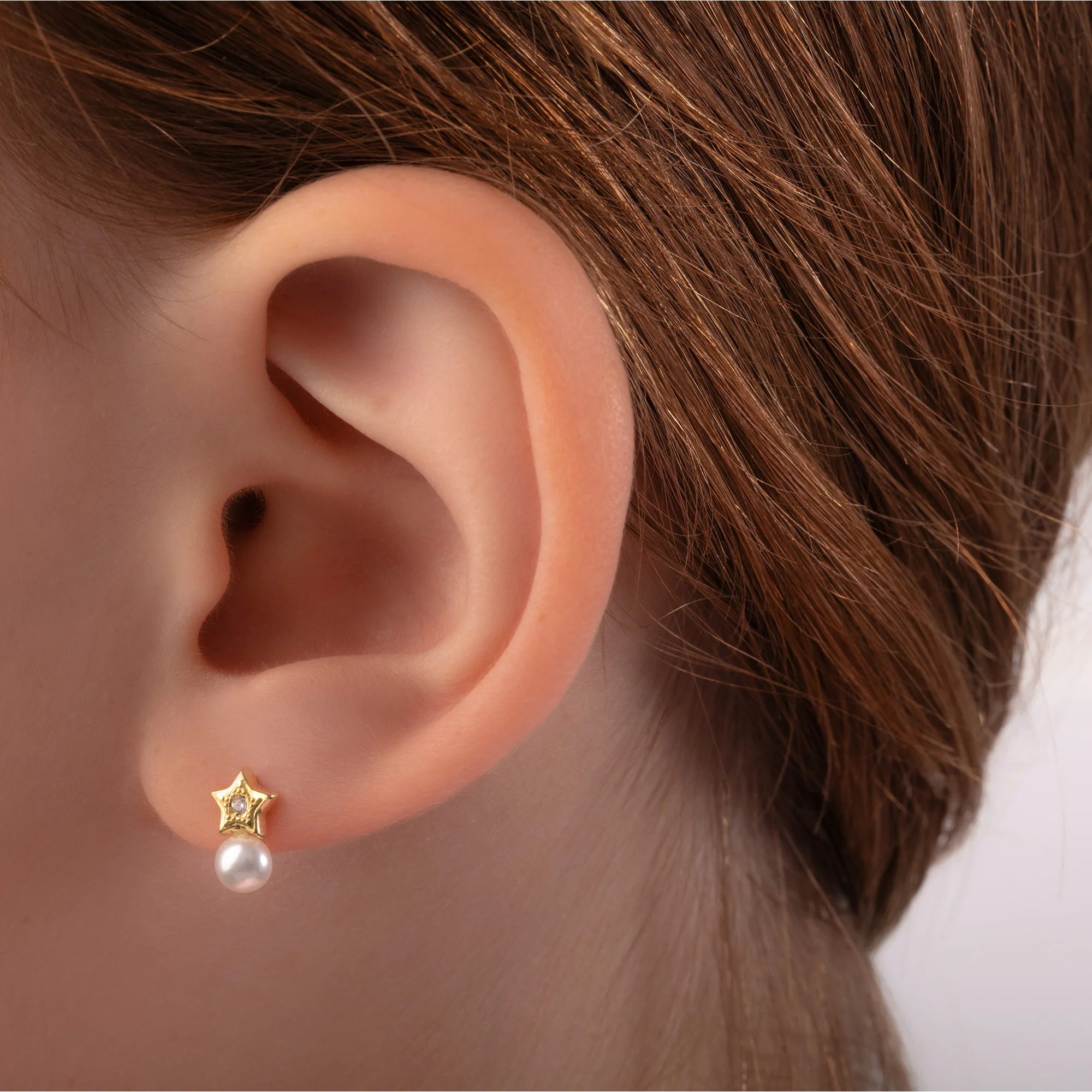 Children's Cultured Pearl and Cubic Zirconia Star Earrings in 18K Yellow Gold - Image 2