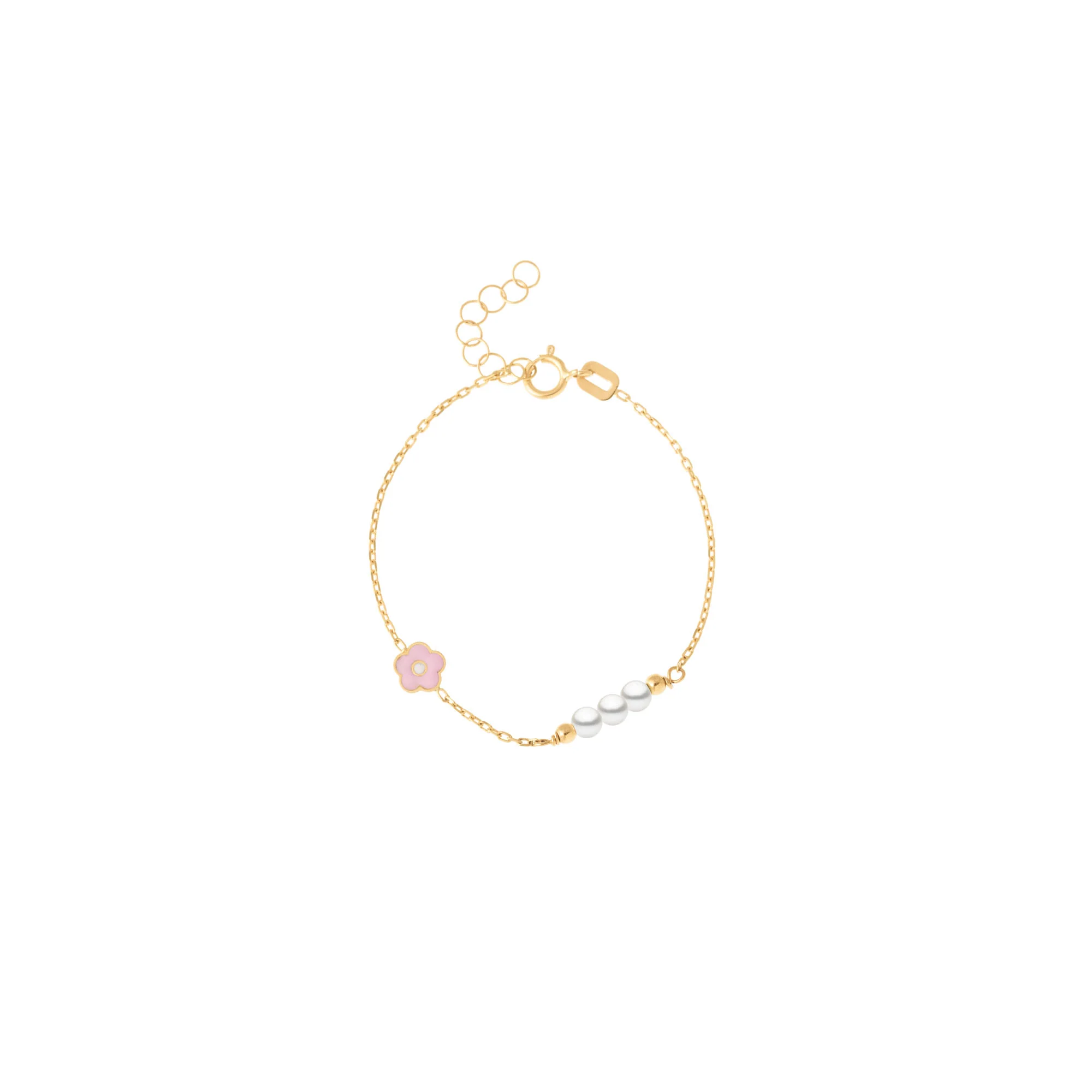 Children's Cultured Pearl and Pink Flower Bracelet in 18K Yellow Gold