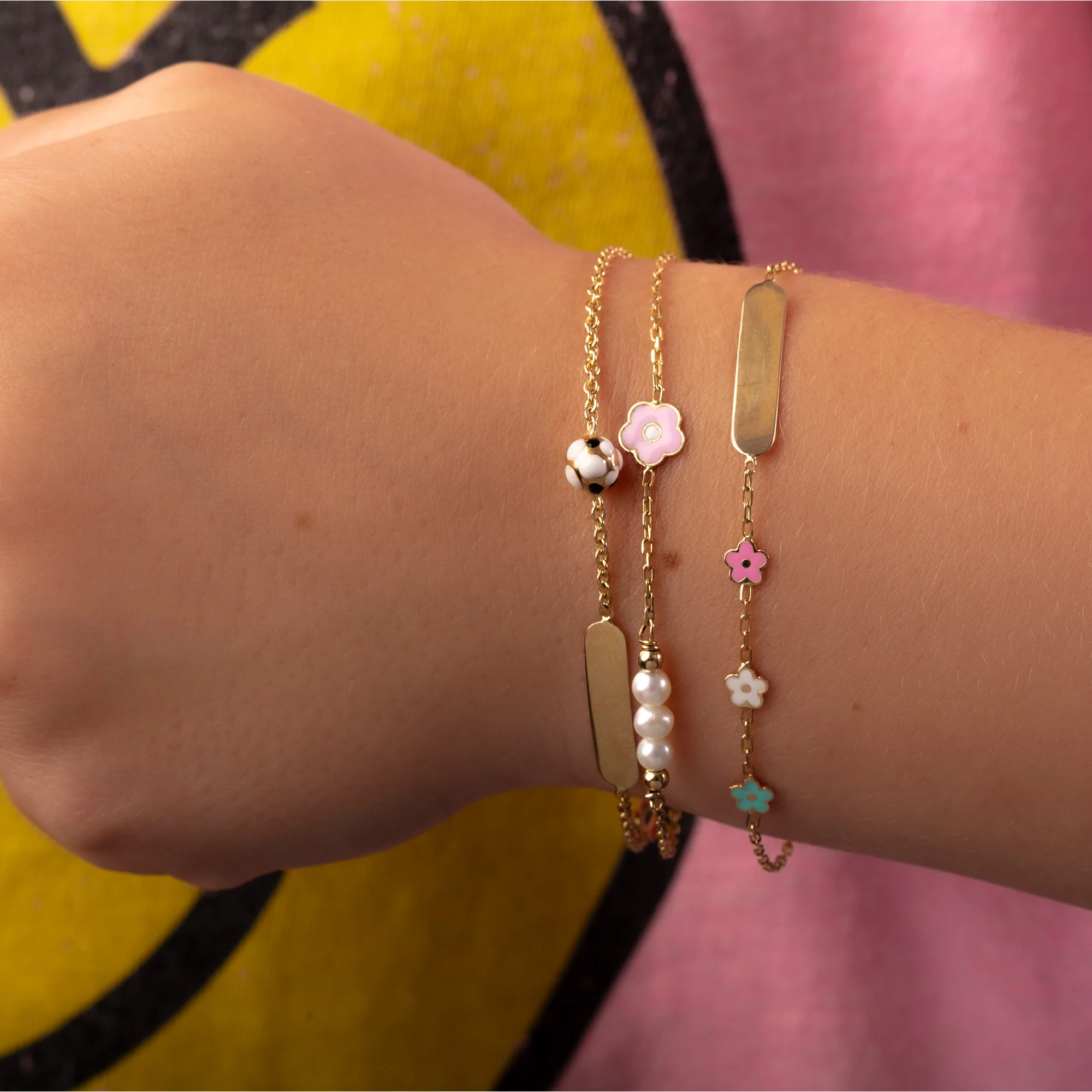 Children's Cultured Pearl and Pink Flower Bracelet in 18K Yellow Gold - Image 2