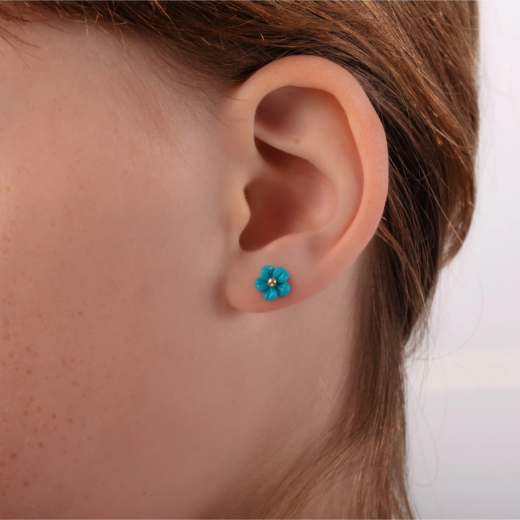 Children's Turquoise Flower Earrings in 18K Yellow Gold - Image 2