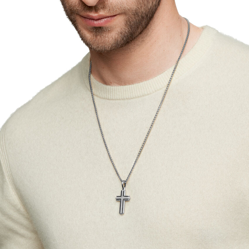 DECO CROSS PENDANT IN STERLING SILVER WITH PAVÉ BLACK DIAMONDS