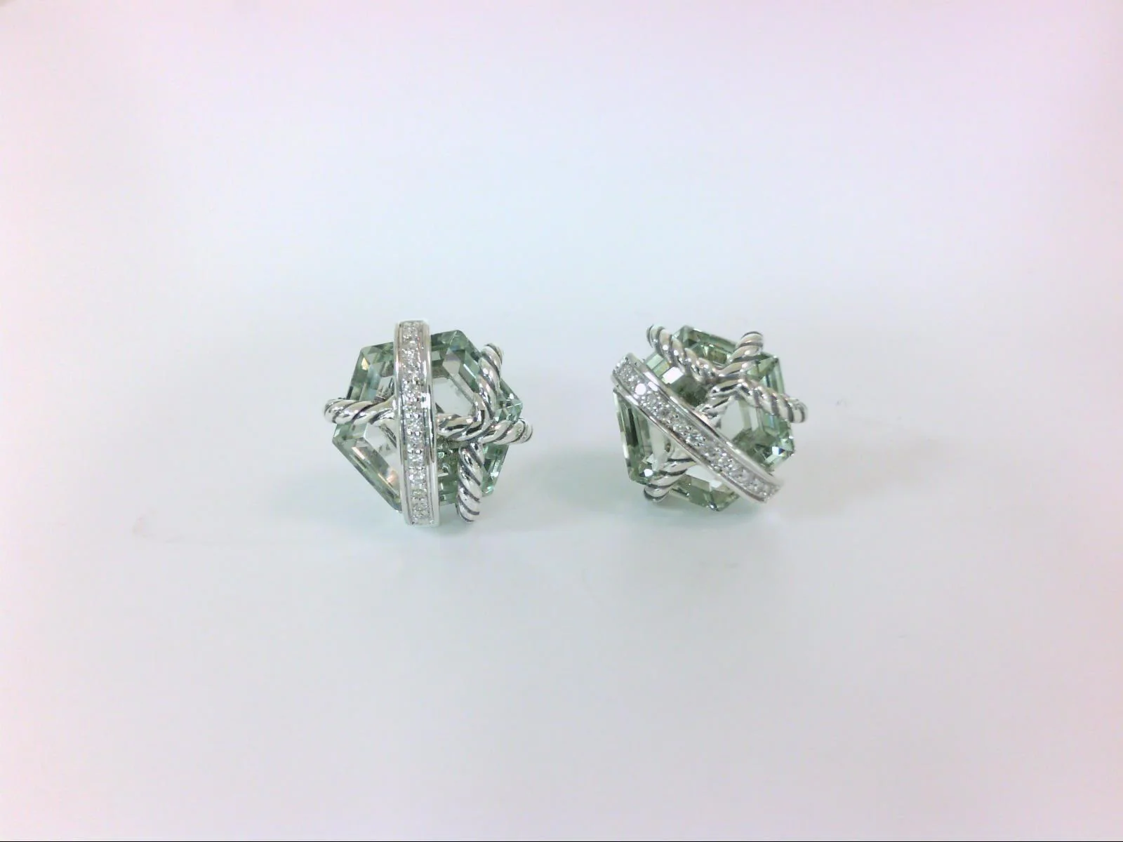 DIAMOND AND CABLE WRAPPED PRASIOLITE EARRINGS