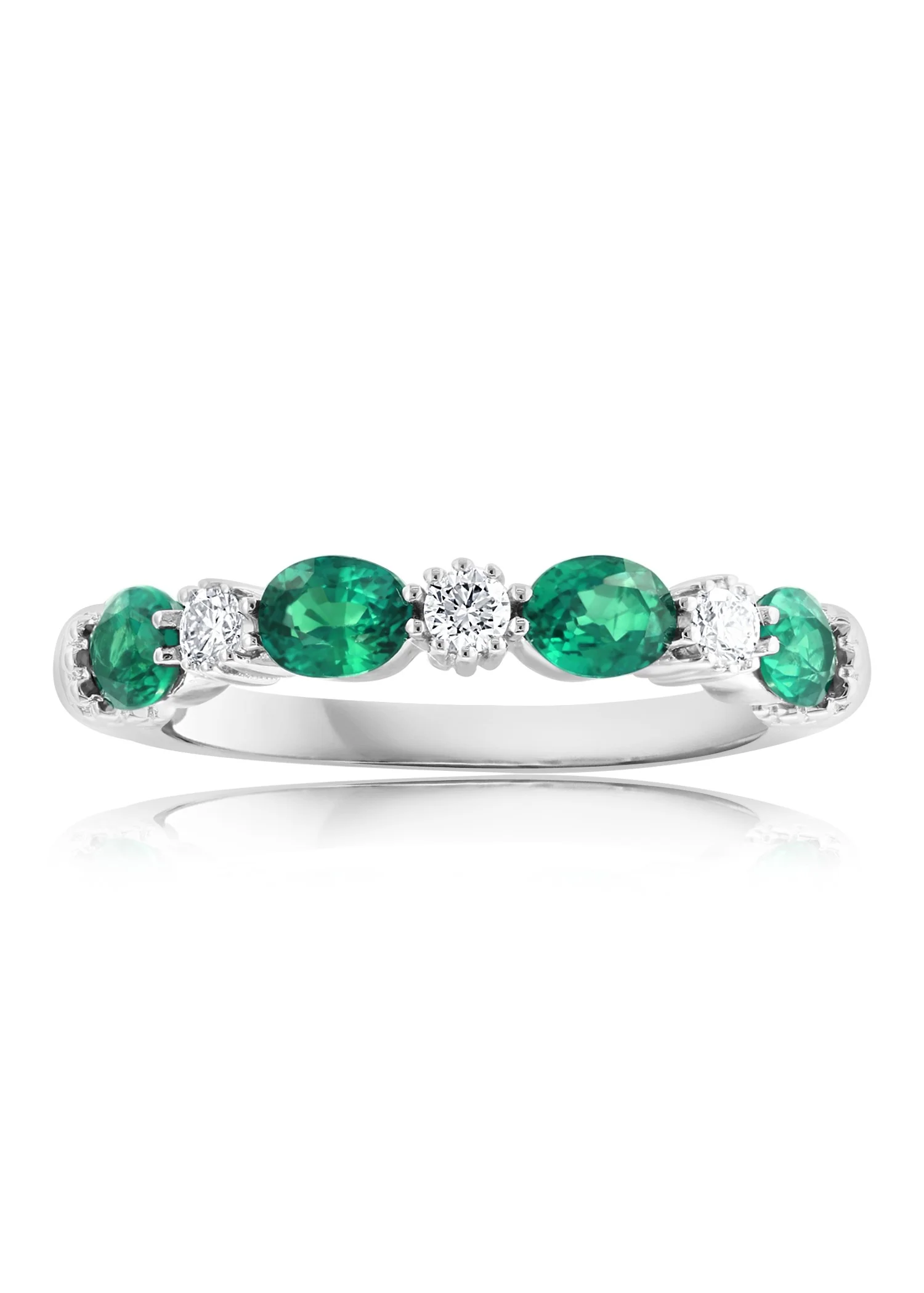 Diamond and Oval Emerald Alternating Band in 14K White Gold, 0.93cttw