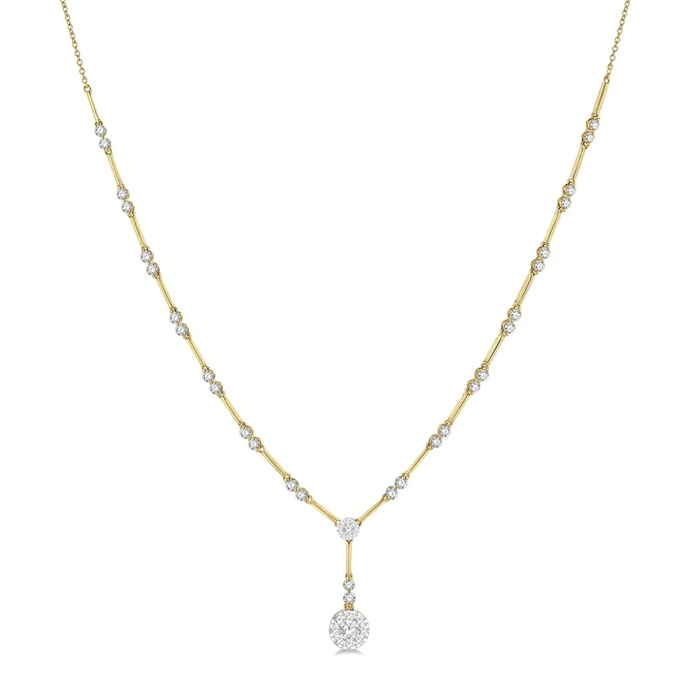 Diamond Bar Link Drop Cluster Necklace in 14K Two-Tone Gold, 1.85cttw