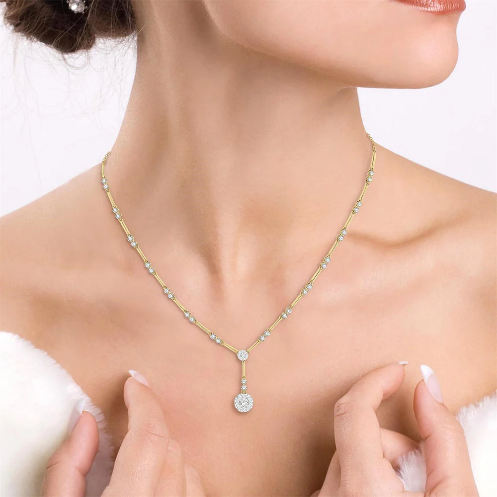 Diamond Bar Link Drop Cluster Necklace in 14K Two-Tone Gold, 1.85cttw - Image 4