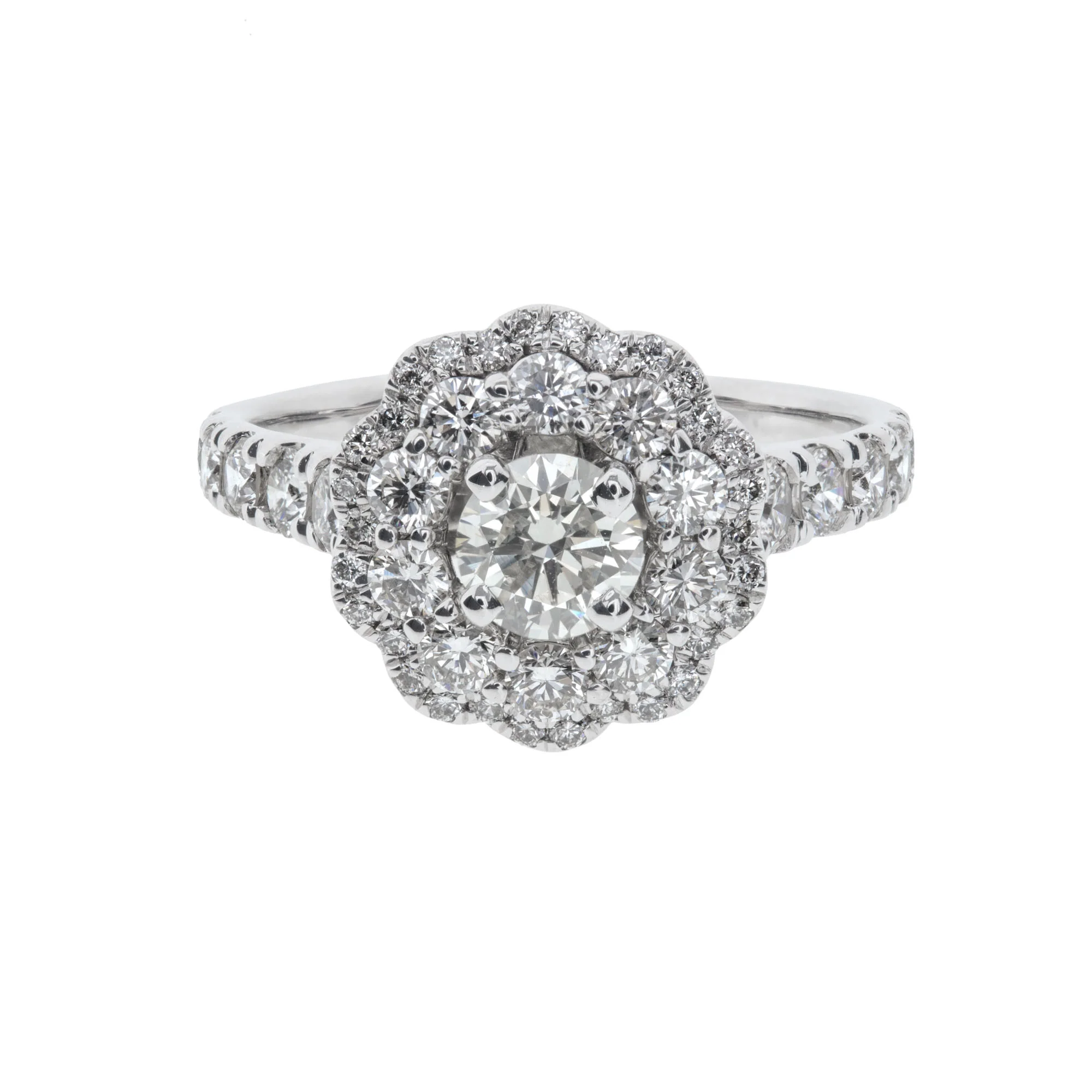 Double Halo Pavé-Set Round Diamond Flower Engagement Ring in 14K White Gold, 1.62cttw