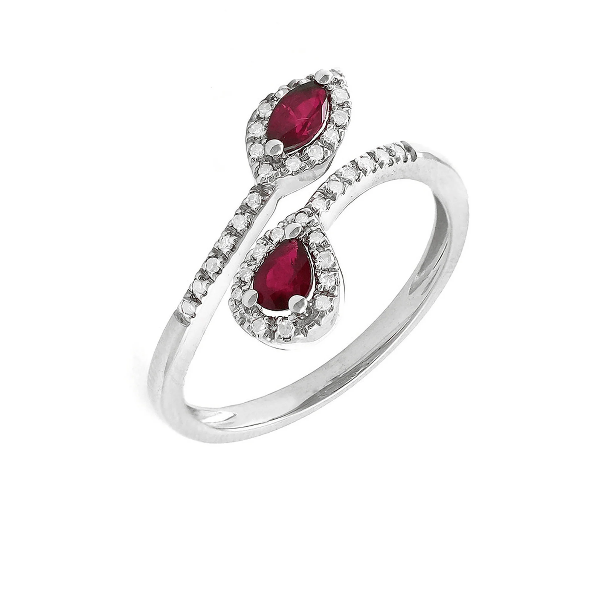 Double Pear-Shaped Ruby and Diamond-Lined Open Ring in 14K White Gold, 0.49 cttw