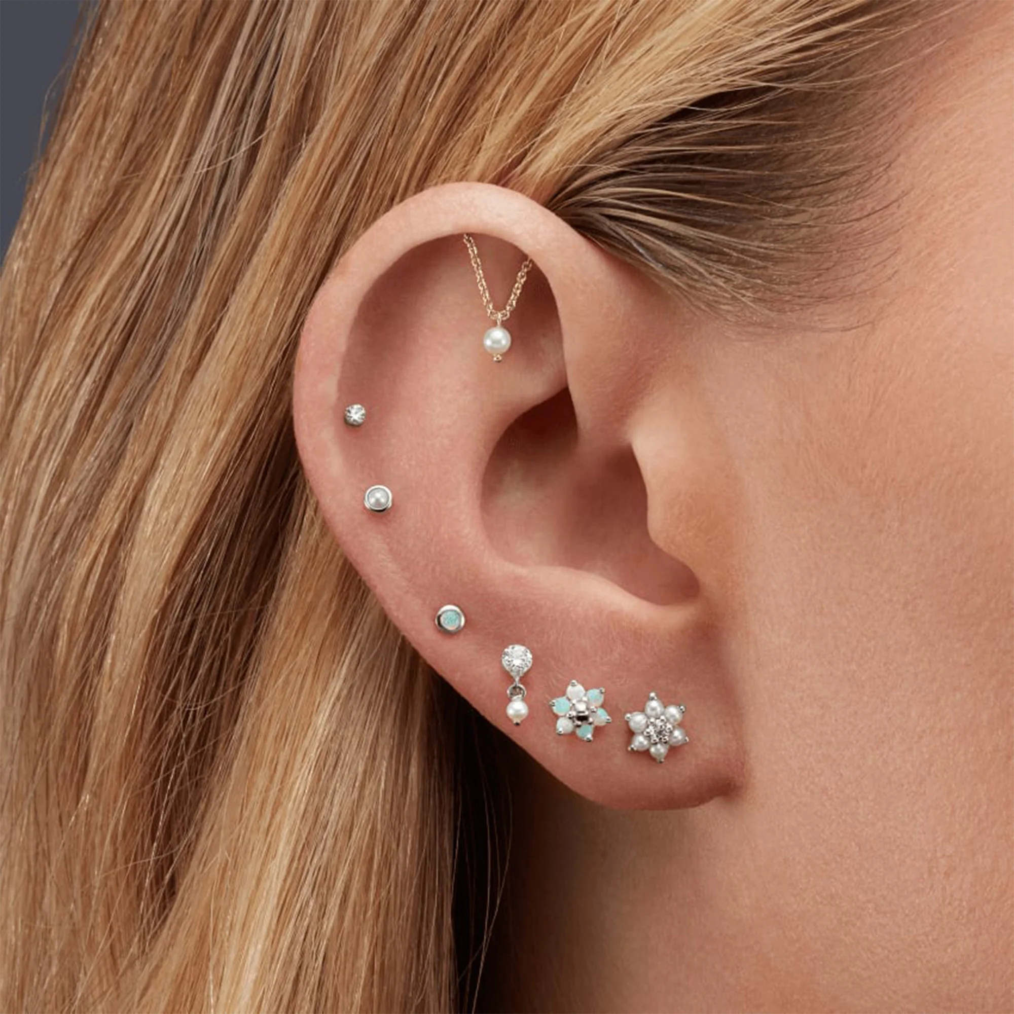 Draped Pearl Threaded Stud Earring in 14K White Gold - Image 2