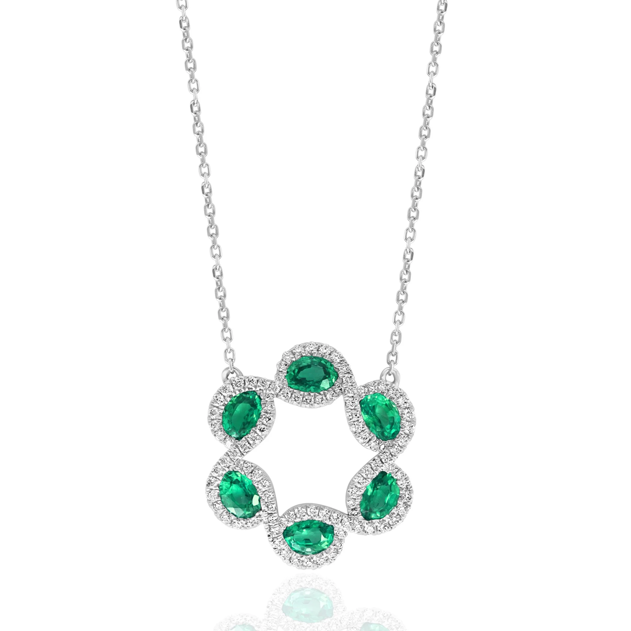 Diamond Floral Circle Oval Emerald Necklace in 14K White Gold, 1.55cttw