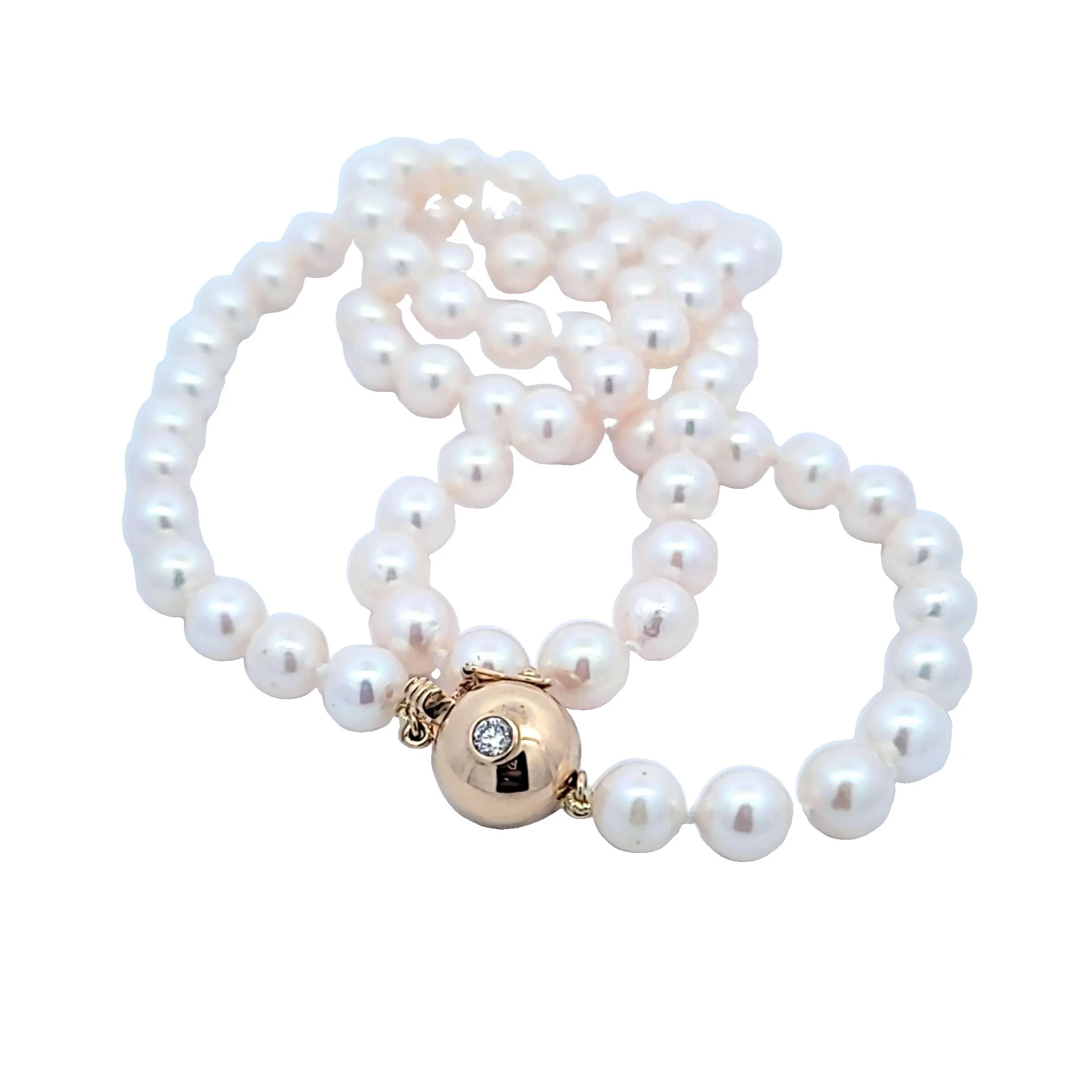 ESTATE 14K YELLOW CULTURED PEARL AND DIAMOND NECKLACE, 7.0-7.5 MM, 24 INCHES LONG