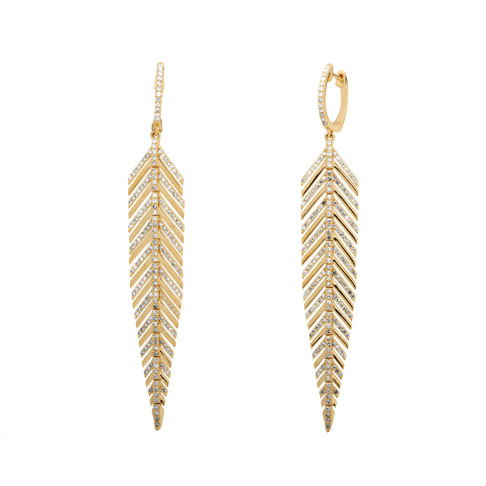14K Yellow Gold Diamond Feather Earrings