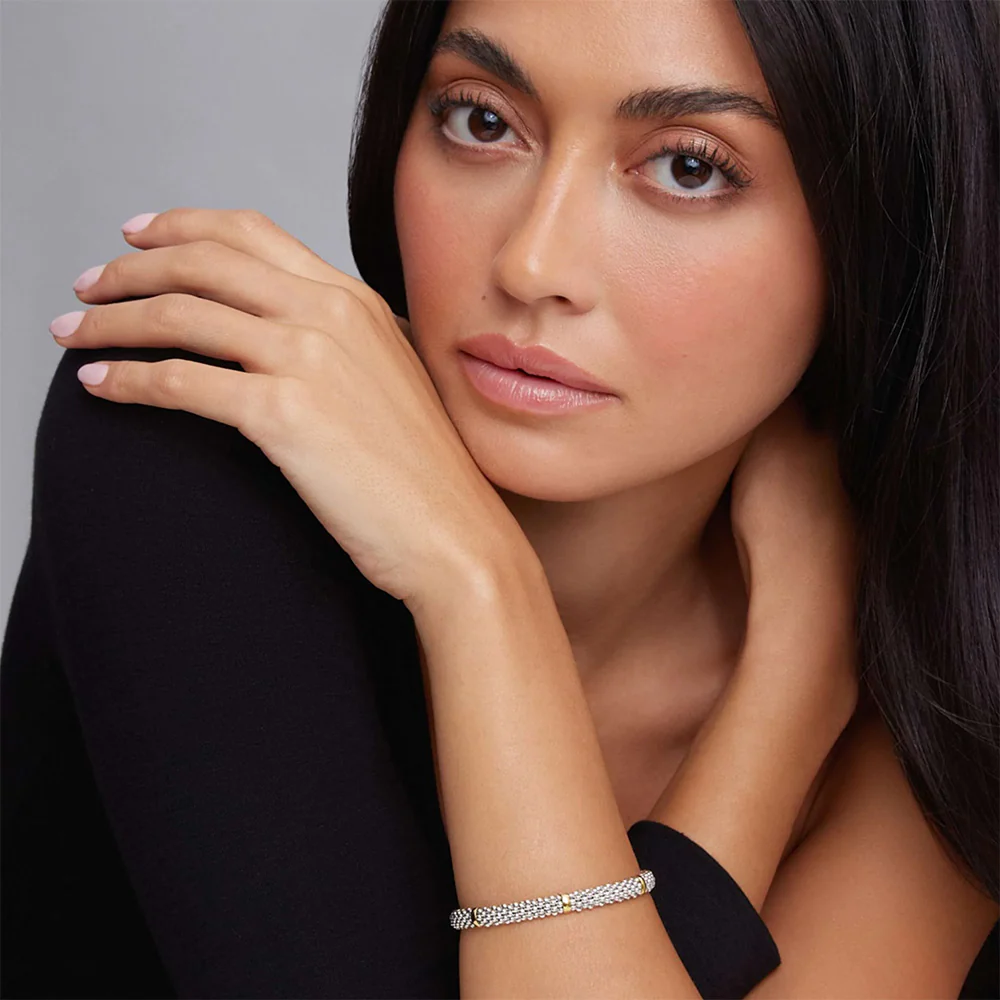 Silver and 18K Yellow Gold Caviar Station Bracelet - Image 4