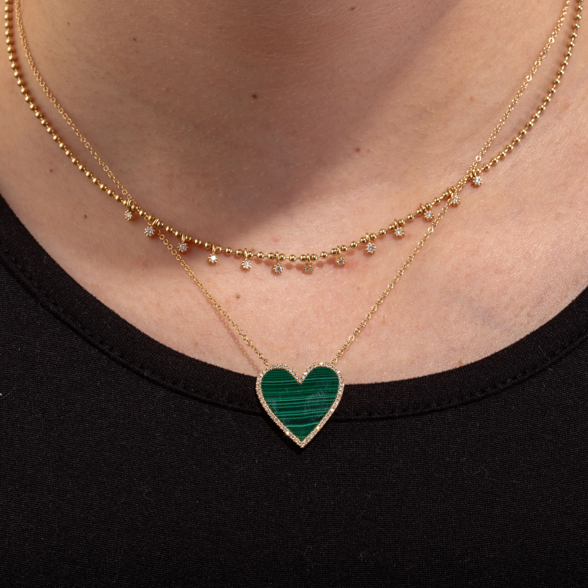 14K Yellow Gold Malachite and Diamond Heart Necklace - Image 2
