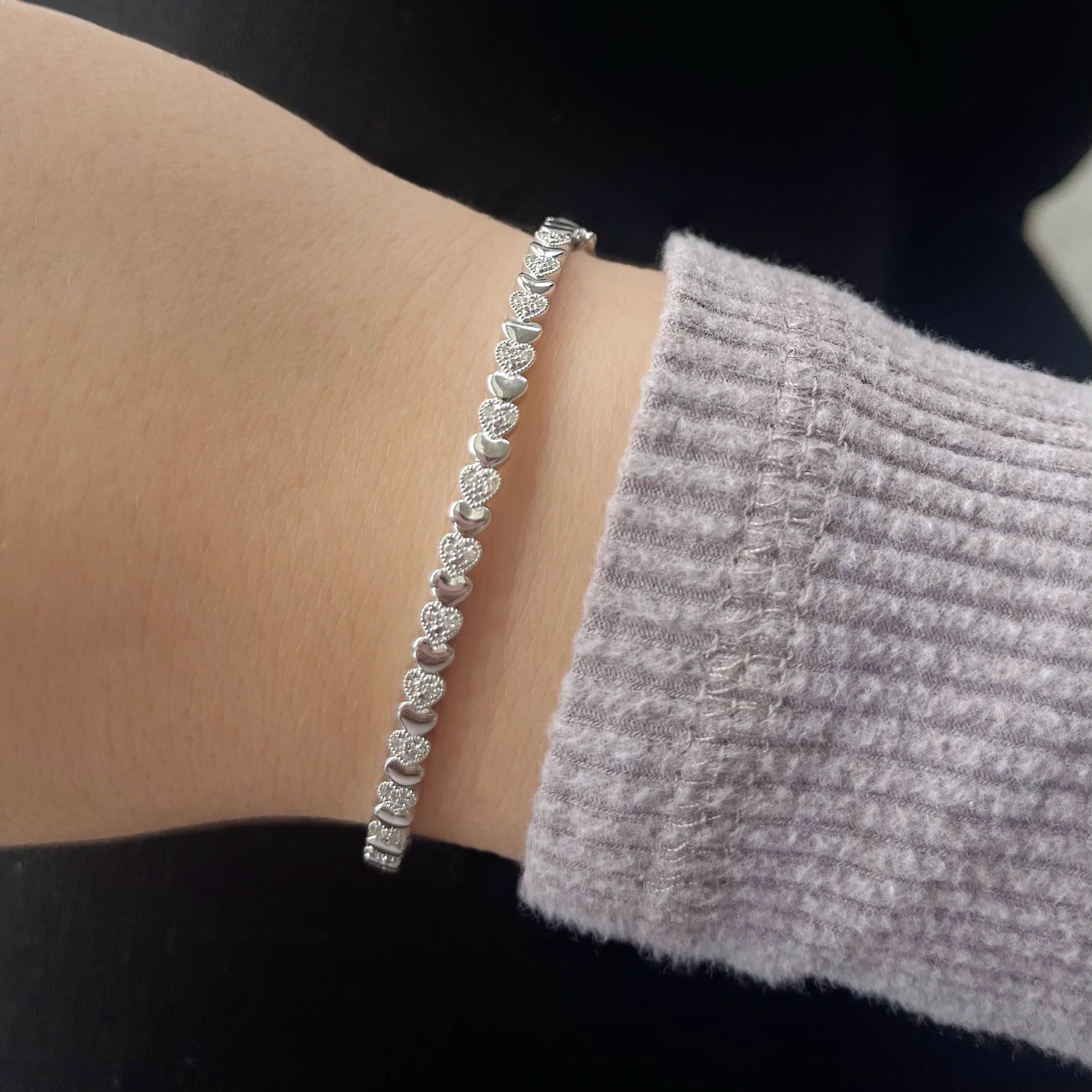 Heart of Hearts Round Diamond Bangle Bracelet in Sterling Silver - Image 4
