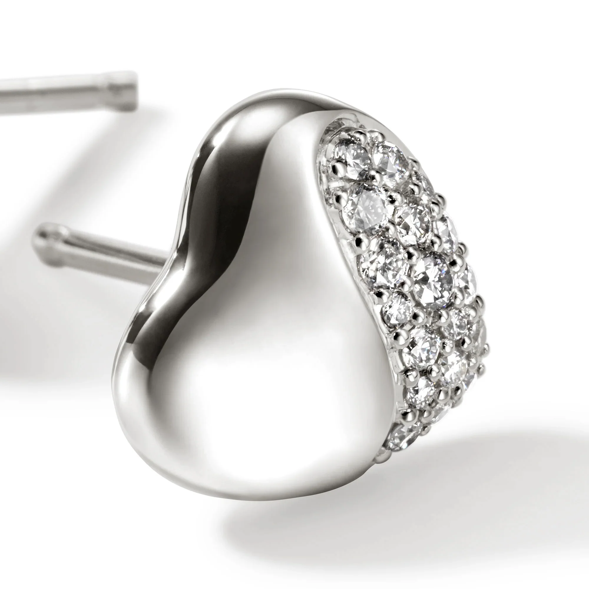 Sterling Silver and Diamond Heart Pebble Stud Earrings - Image 2