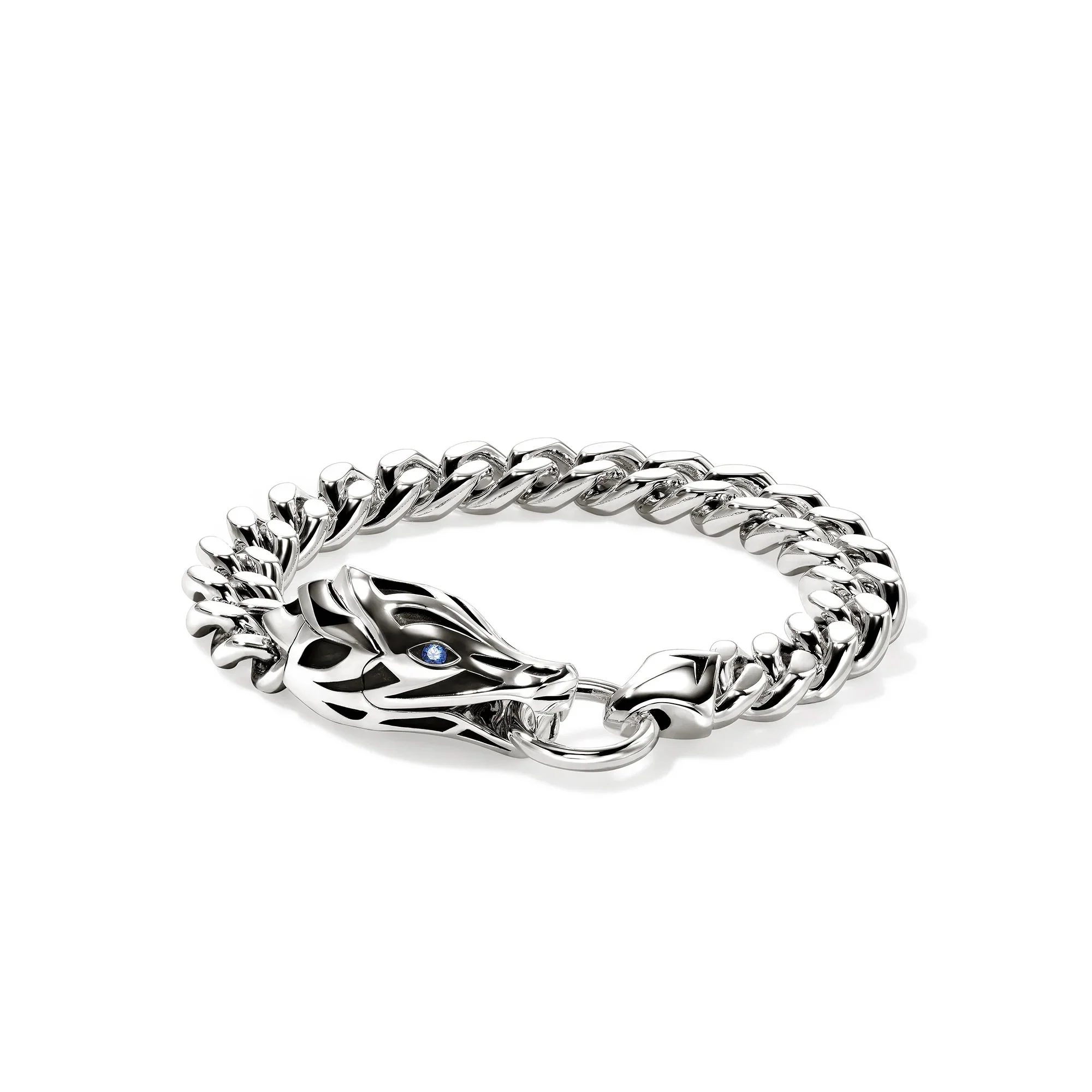 Naga Curb Link Bracelet in Sterling Silver with Blue Sapphires, Large